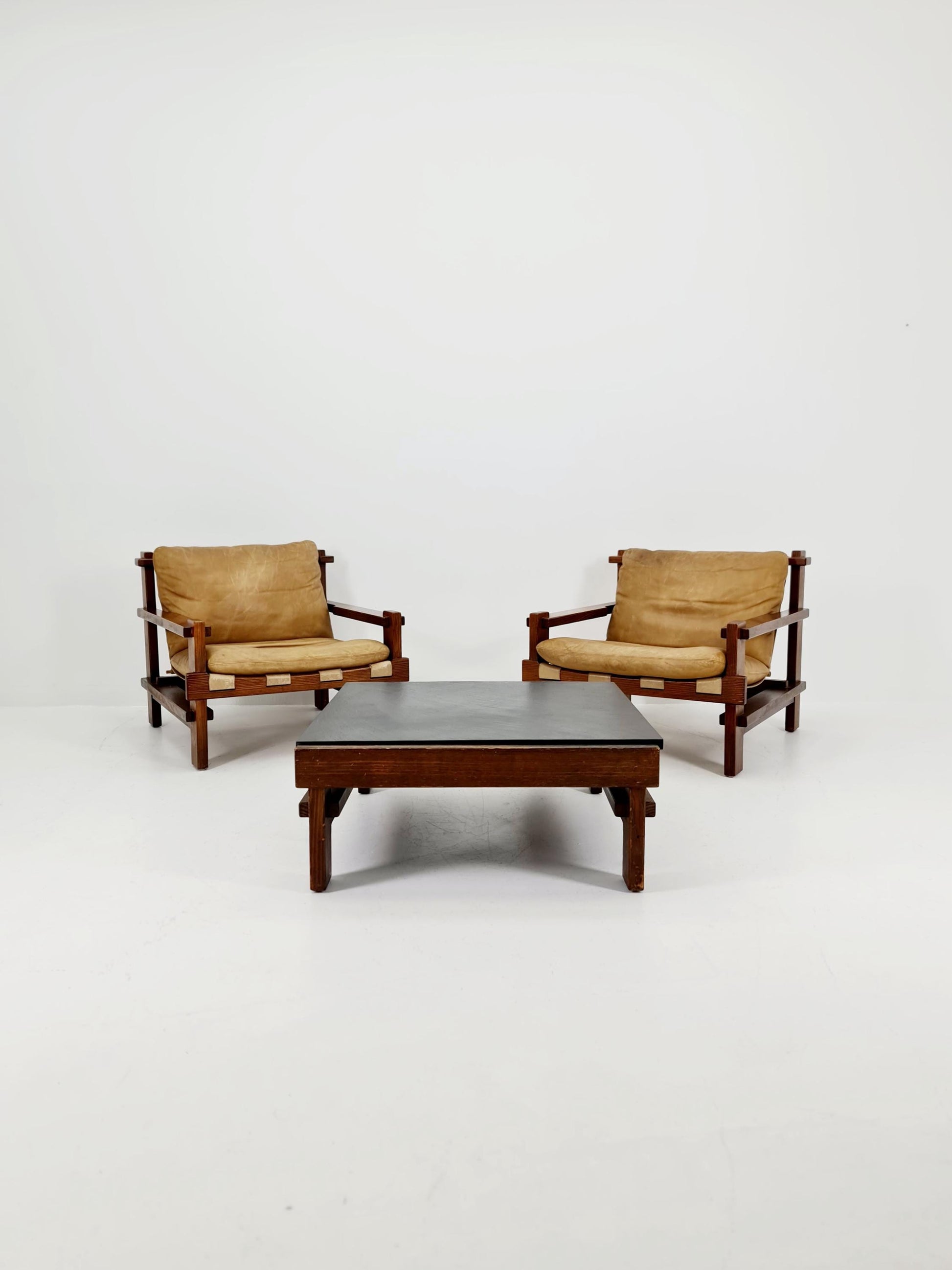 mid century armchairs Set with coffe table in leather and wood By Carl Straub Germany , 1960s