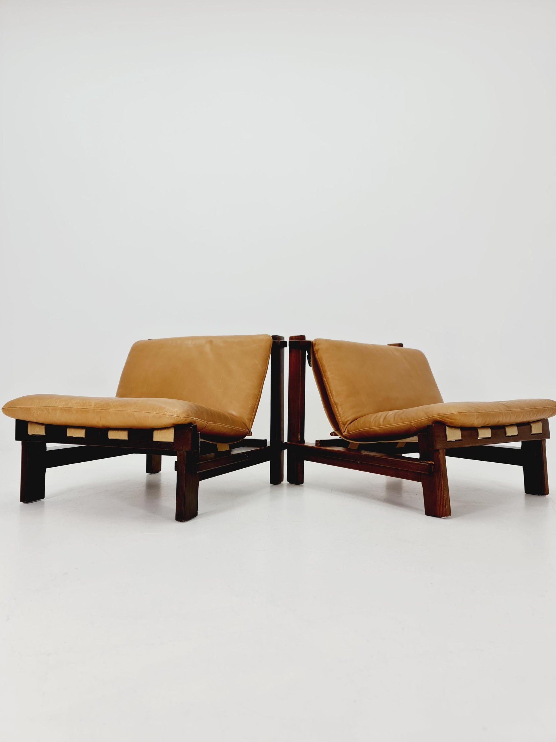 1 of 2 mid century armchairs in leather and wood By Carl Straub Germany , 1960s
