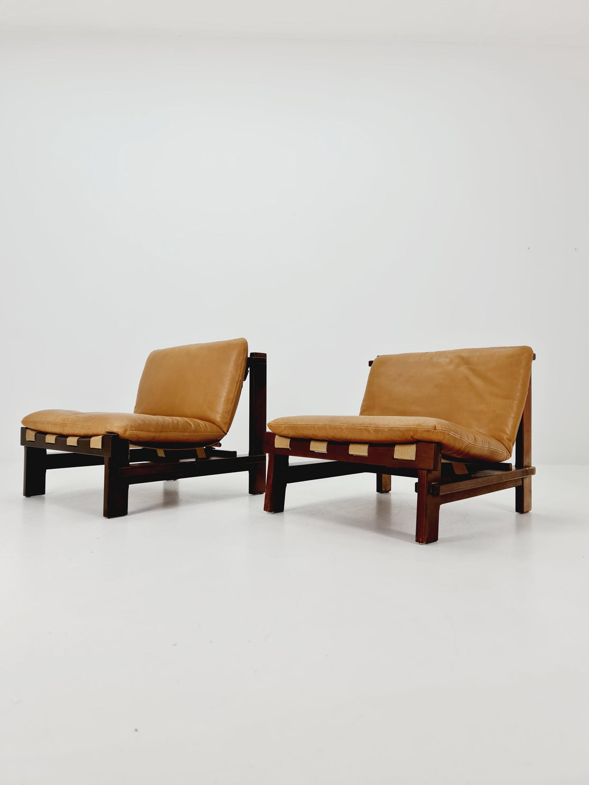 1 of 2 mid century armchairs in leather and wood By Carl Straub Germany , 1960s