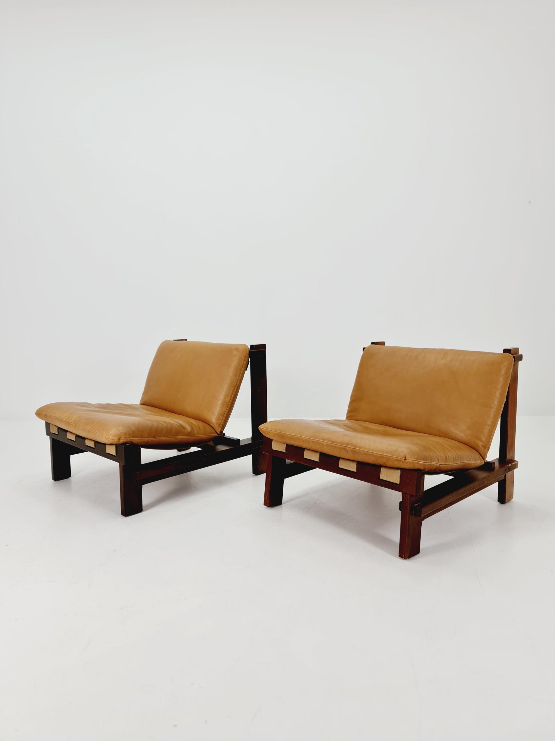 1 of 2 mid century armchairs in leather and wood By Carl Straub Germany , 1960s