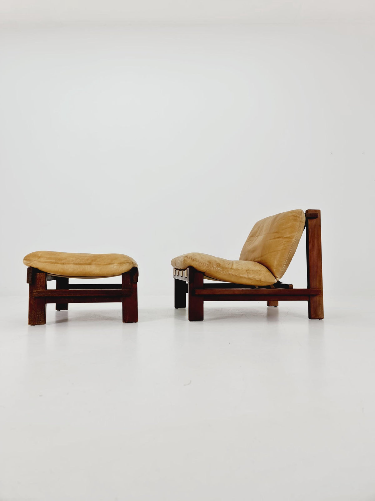 mid century lounge chair with ottoman in leather and wood By Carl Straub Germany , 1960s