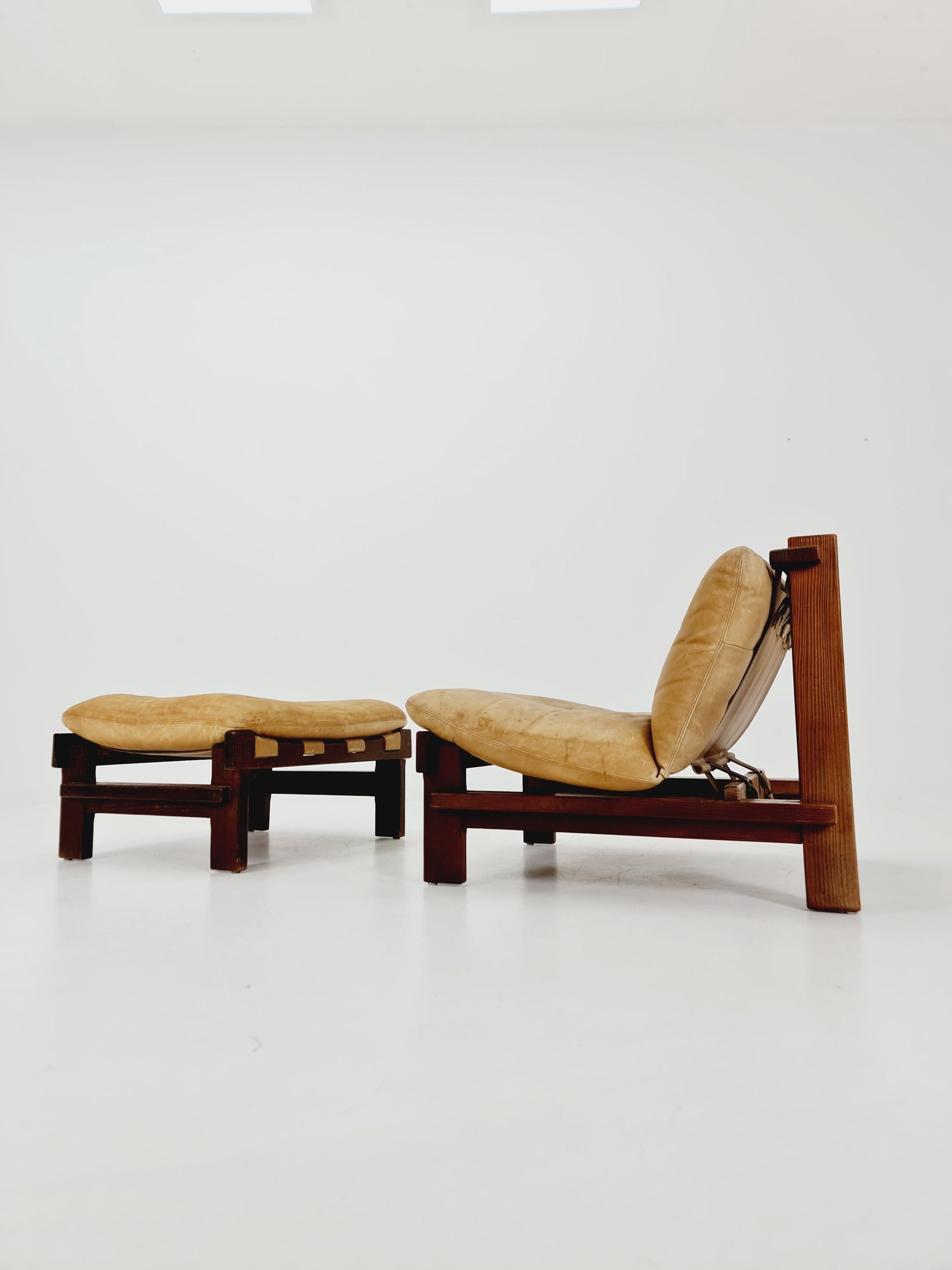mid century lounge chair with ottoman in leather and wood By Carl Straub Germany , 1960s