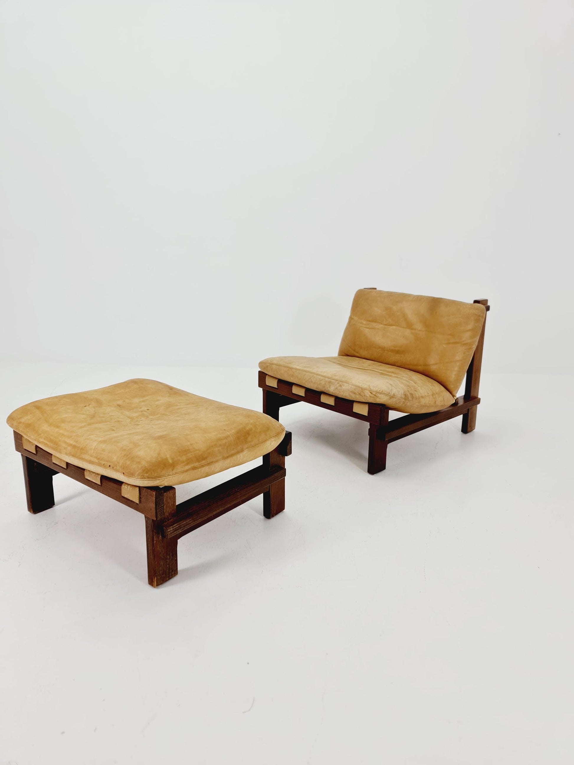 mid century lounge chair with ottoman in leather and wood By Carl Straub Germany , 1960s