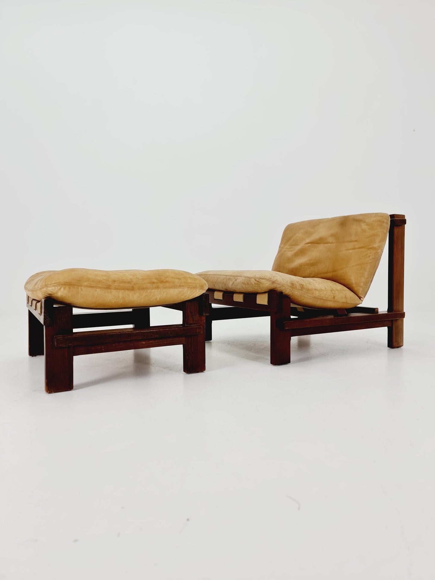 mid century lounge chair with ottoman in leather and wood By Carl Straub Germany , 1960s