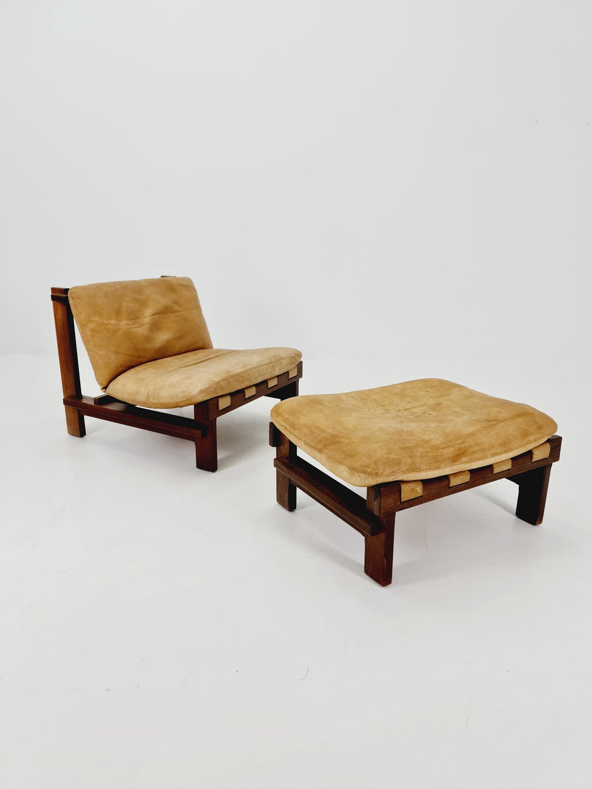 mid century lounge chair with ottoman in leather and wood By Carl Straub Germany , 1960s