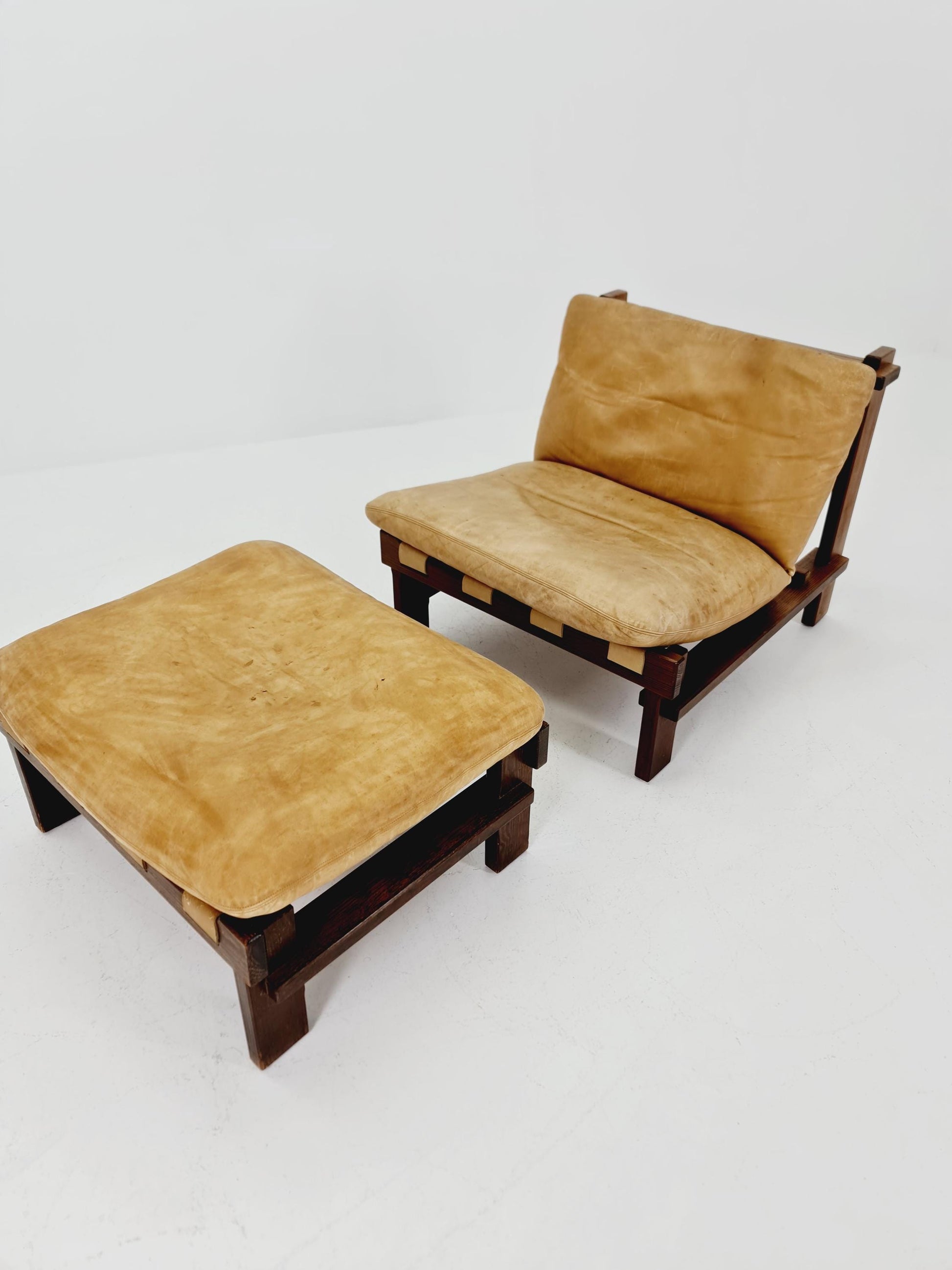 mid century lounge chair with ottoman in leather and wood By Carl Straub Germany , 1960s