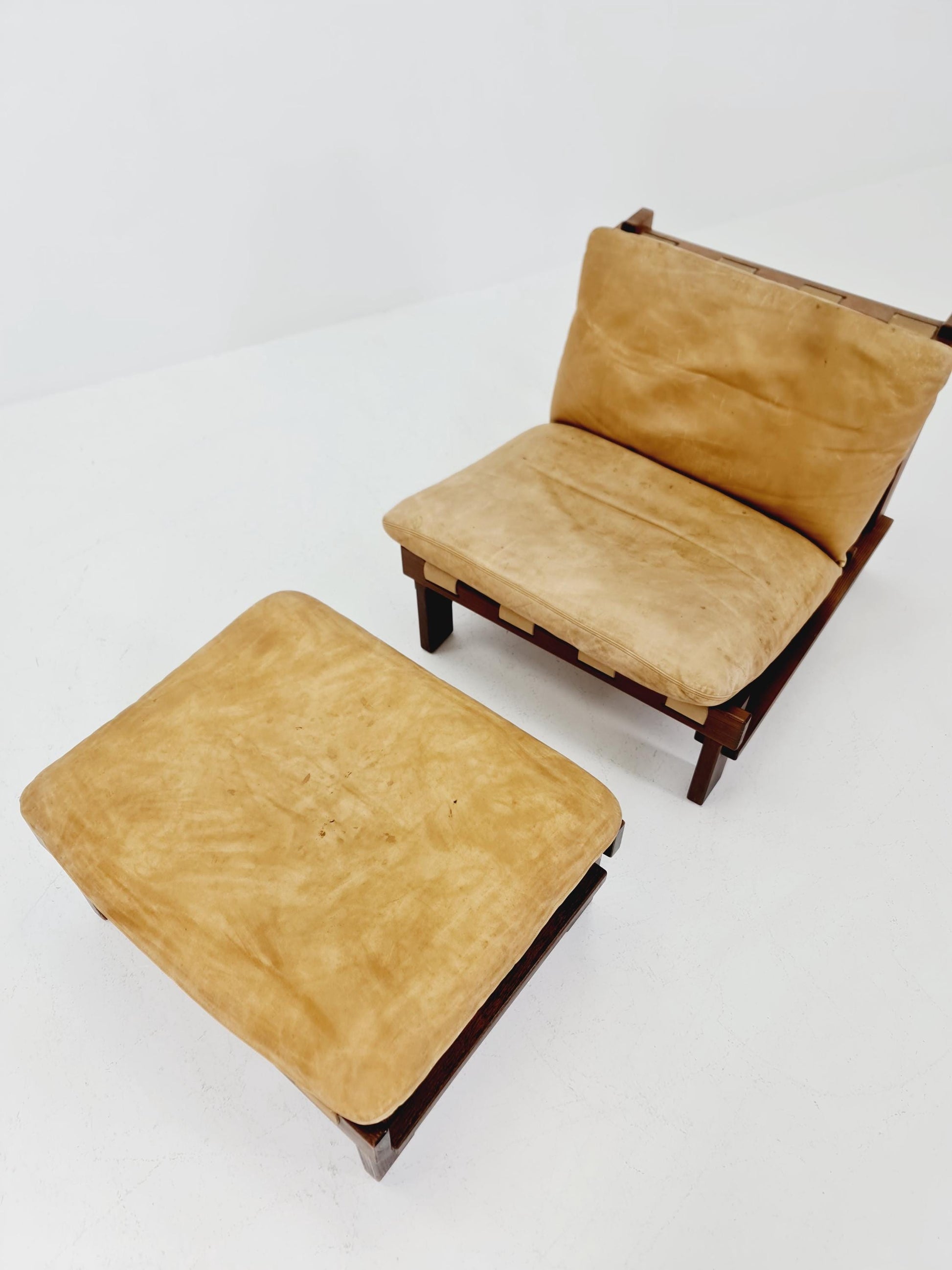 mid century lounge chair with ottoman in leather and wood By Carl Straub Germany , 1960s