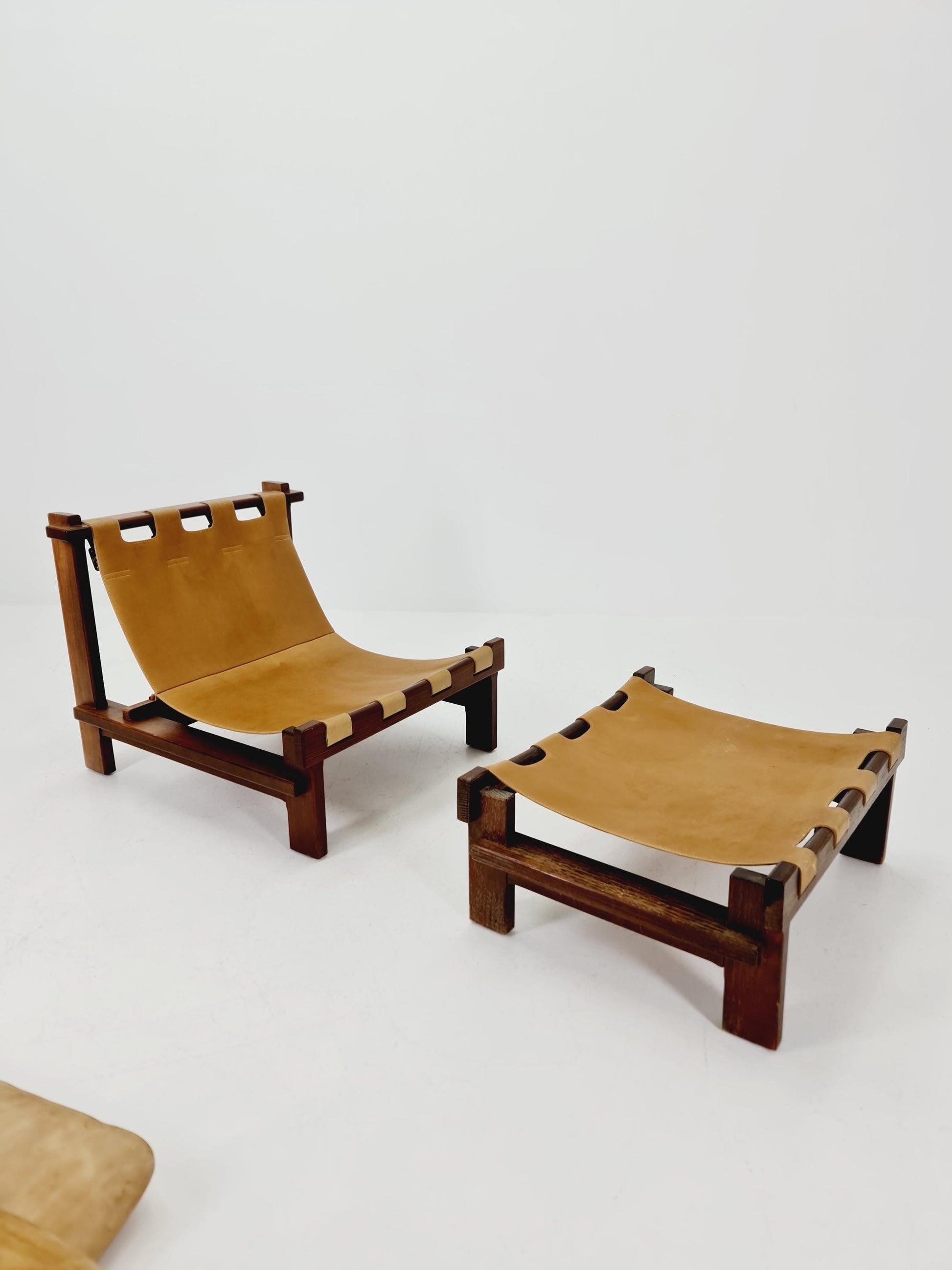 mid century lounge chair with ottoman in leather and wood By Carl Straub Germany , 1960s
