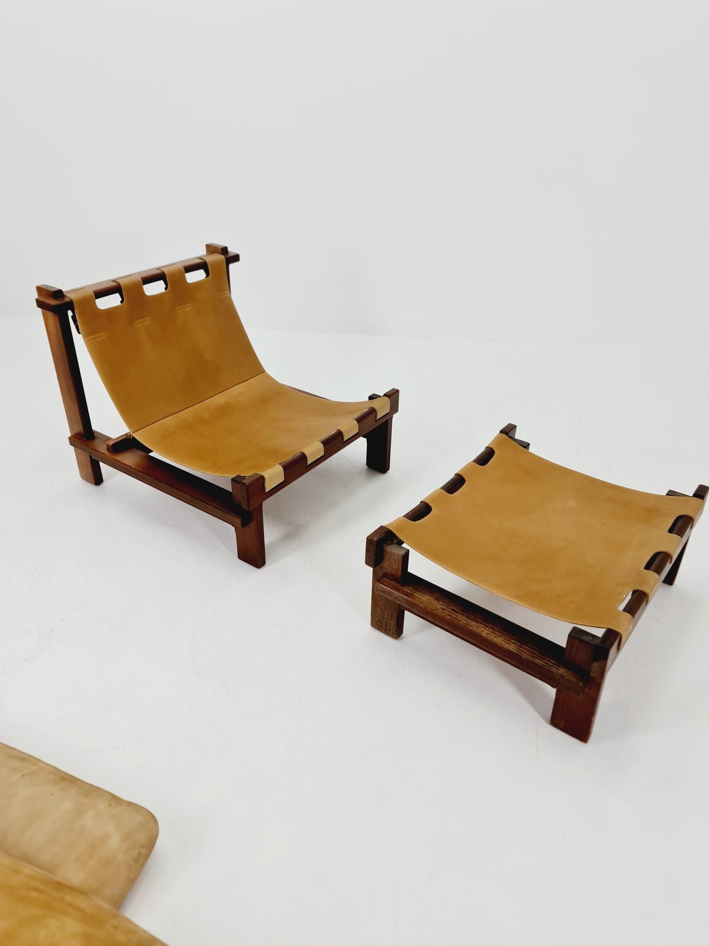 mid century lounge chair with ottoman in leather and wood By Carl Straub Germany , 1960s