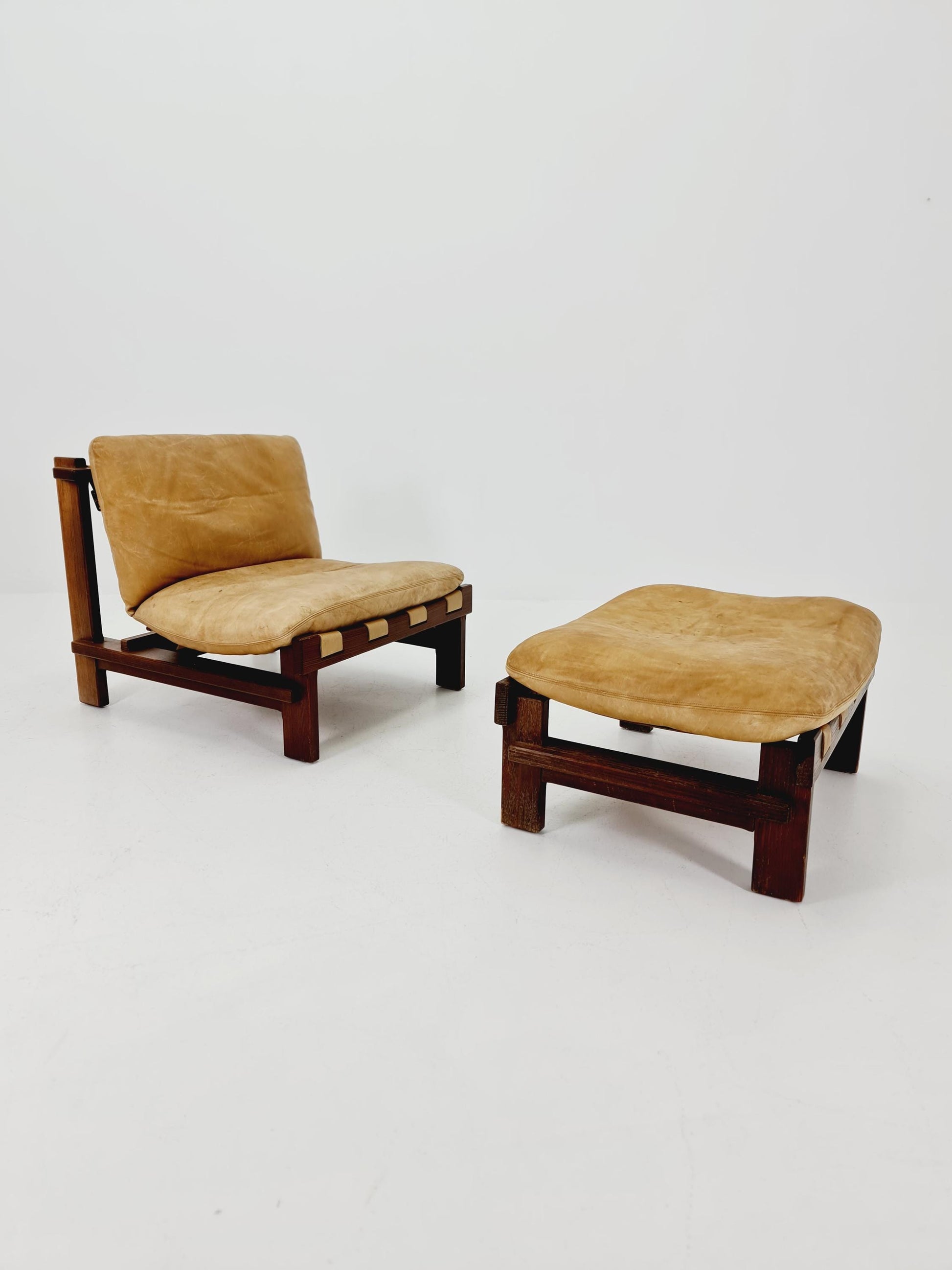 mid century lounge chair with ottoman in leather and wood By Carl Straub Germany , 1960s