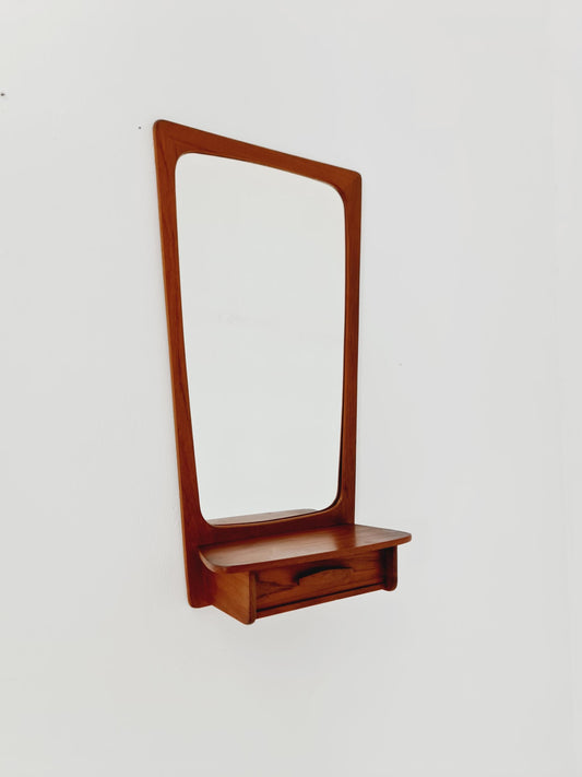 Mid Century Danish Teak Wall Mirror with Drawer , 1960s