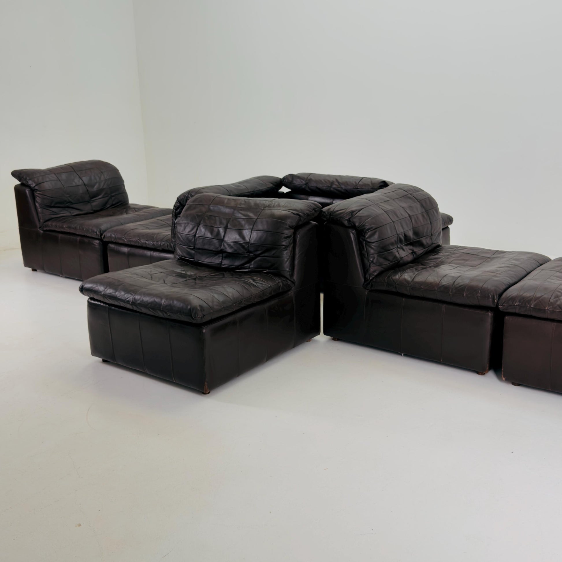 Set of 6 Mid Century DS11 Modular Patchwork chocolate brown Leather Sofa by De Sede, Switzerland, 1970s