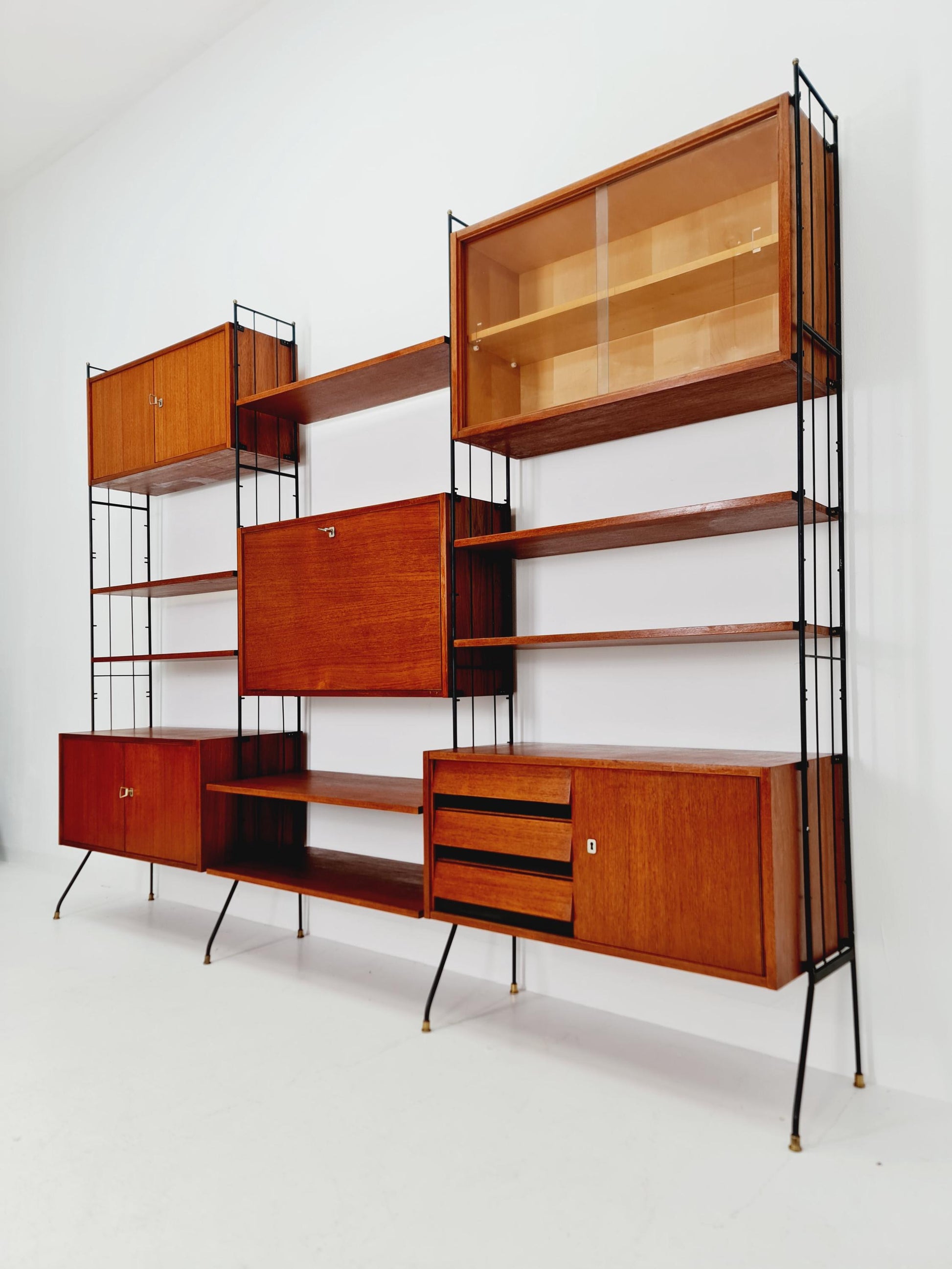 Freestanding string shelf-system unit bookcase teak & metal by Koch Möbel Germany, 1950s