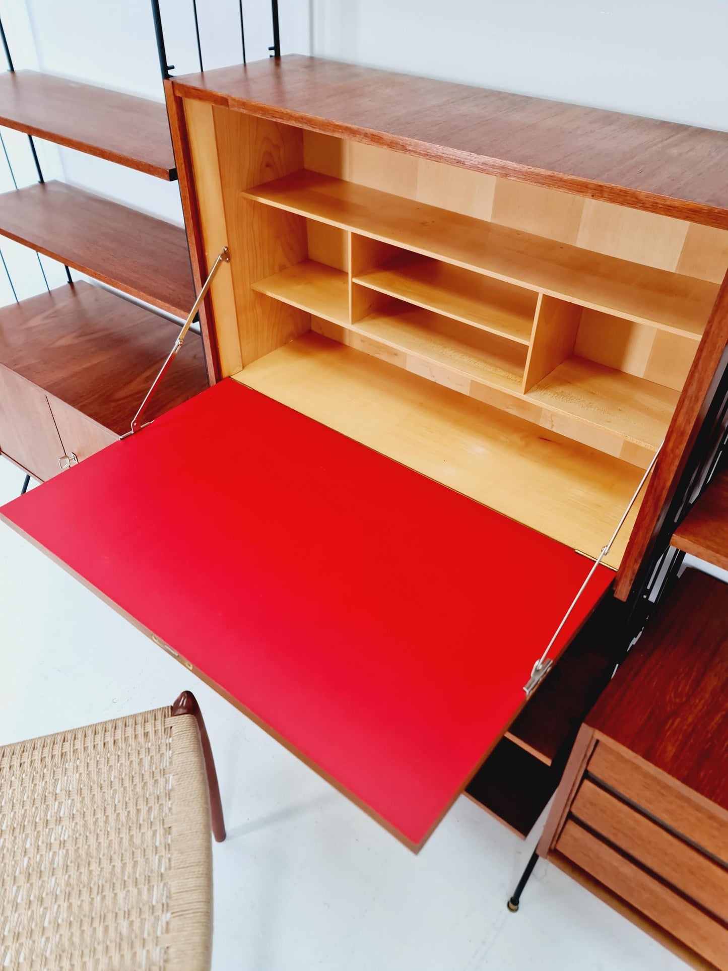 Freestanding string shelf-system unit bookcase teak & metal by Koch Möbel Germany, 1950s