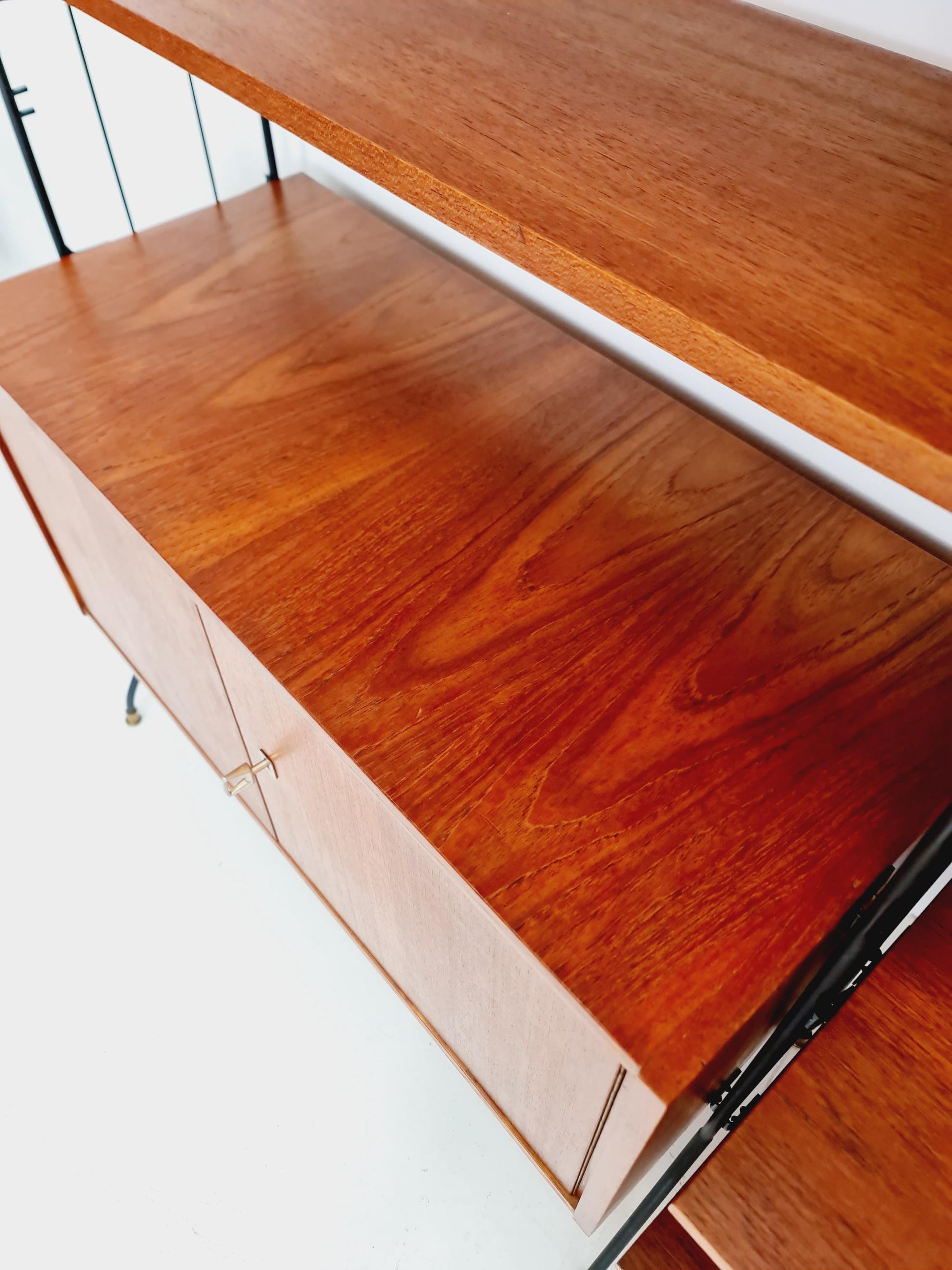 Freestanding string shelf-system unit bookcase teak & metal by Koch Möbel Germany, 1950s