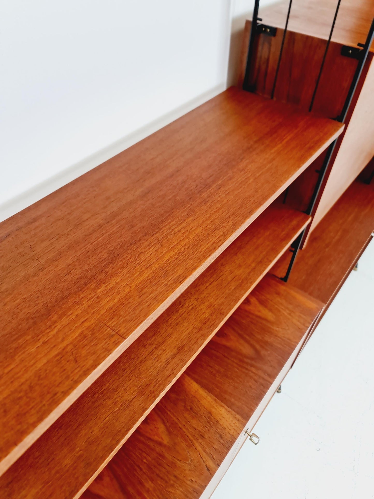 Freestanding string shelf-system unit bookcase teak & metal by Koch Möbel Germany, 1950s