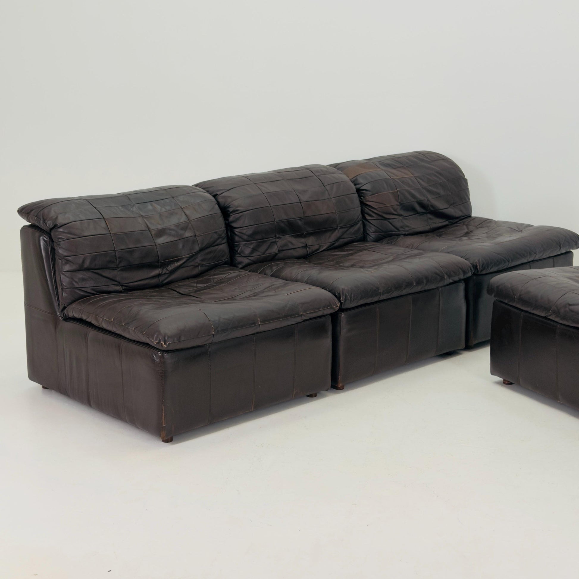 Set of 6 Mid Century DS11 Modular Patchwork chocolate brown Leather Sofa by De Sede, Switzerland, 1970s