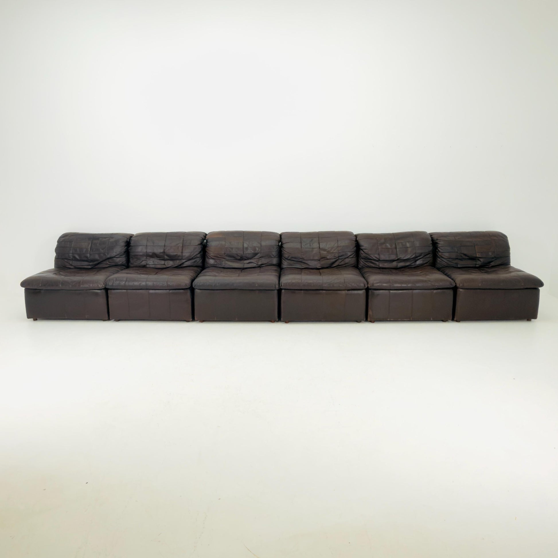Set of 6 Mid Century DS11 Modular Patchwork chocolate brown Leather Sofa by De Sede, Switzerland, 1970s