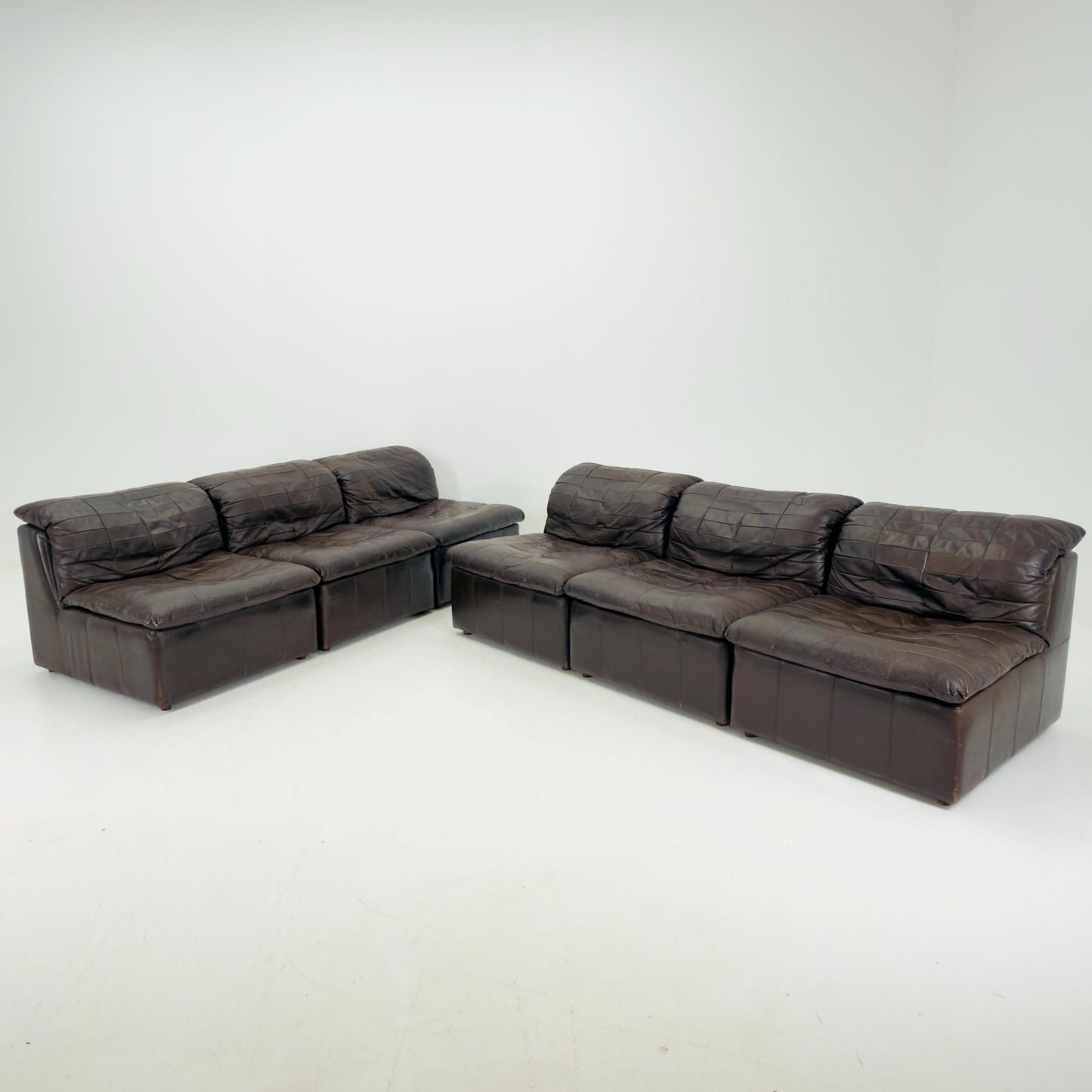 Set of 6 Mid Century DS11 Modular Patchwork chocolate brown Leather Sofa by De Sede, Switzerland, 1970s
