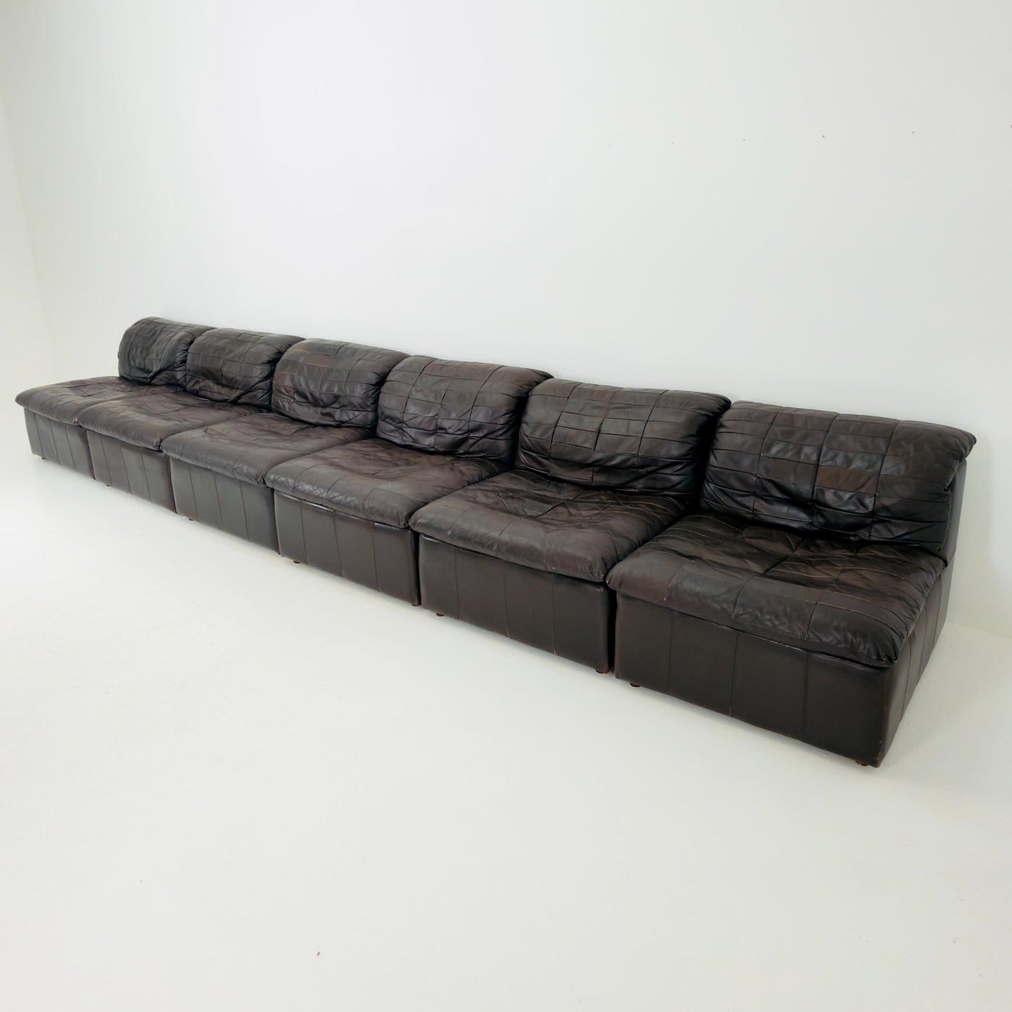 Set of 6 Mid Century DS11 Modular Patchwork chocolate brown Leather Sofa by De Sede, Switzerland, 1970s