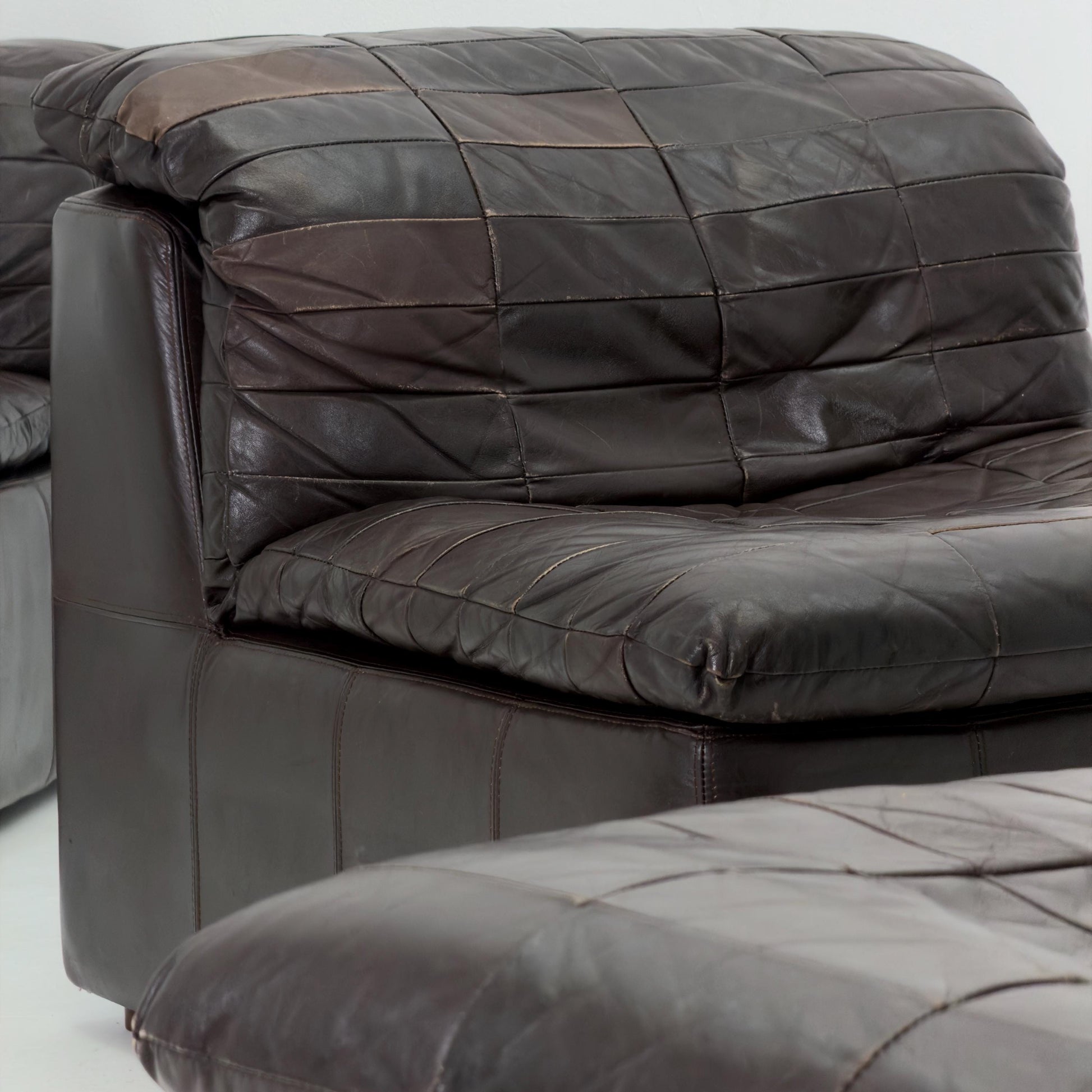 Set of 6 Mid Century DS11 Modular Patchwork chocolate brown Leather Sofa by De Sede, Switzerland, 1970s