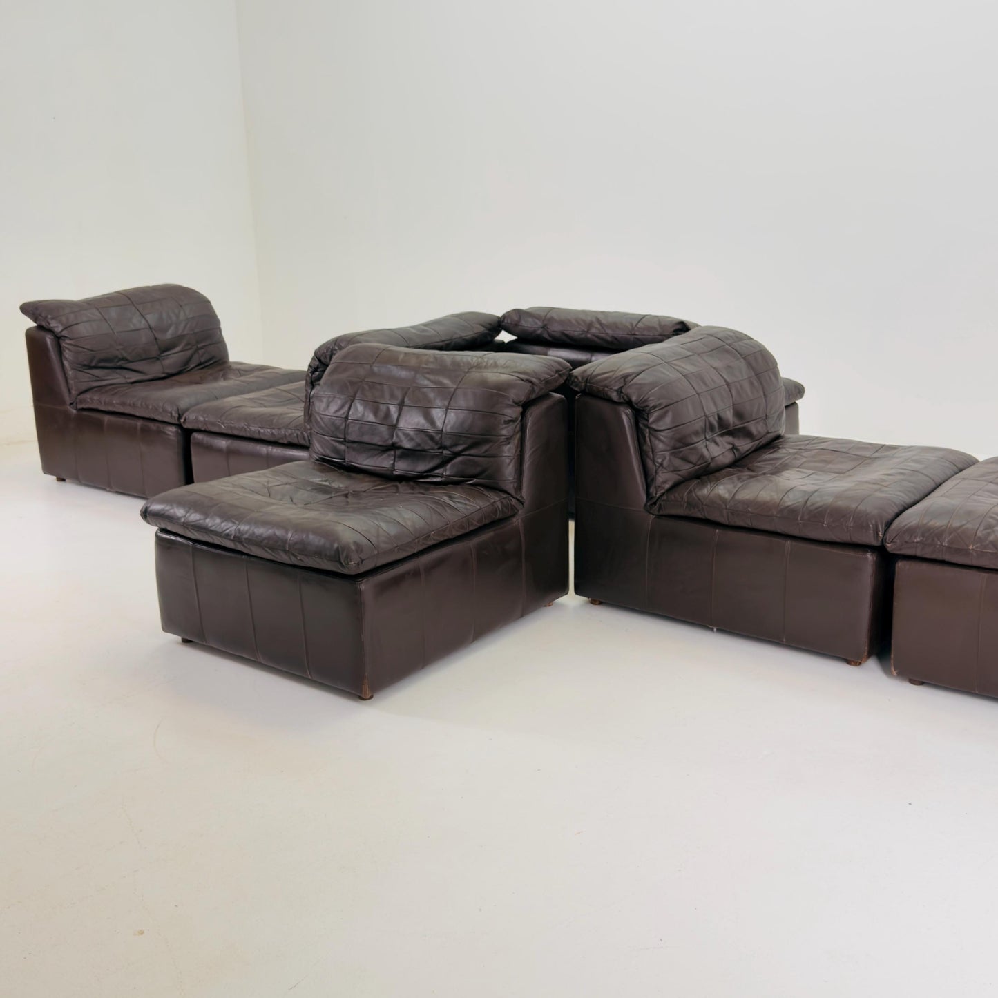 Set of 6 Mid Century DS11 Modular Patchwork chocolate brown Leather Sofa by De Sede, Switzerland, 1970s