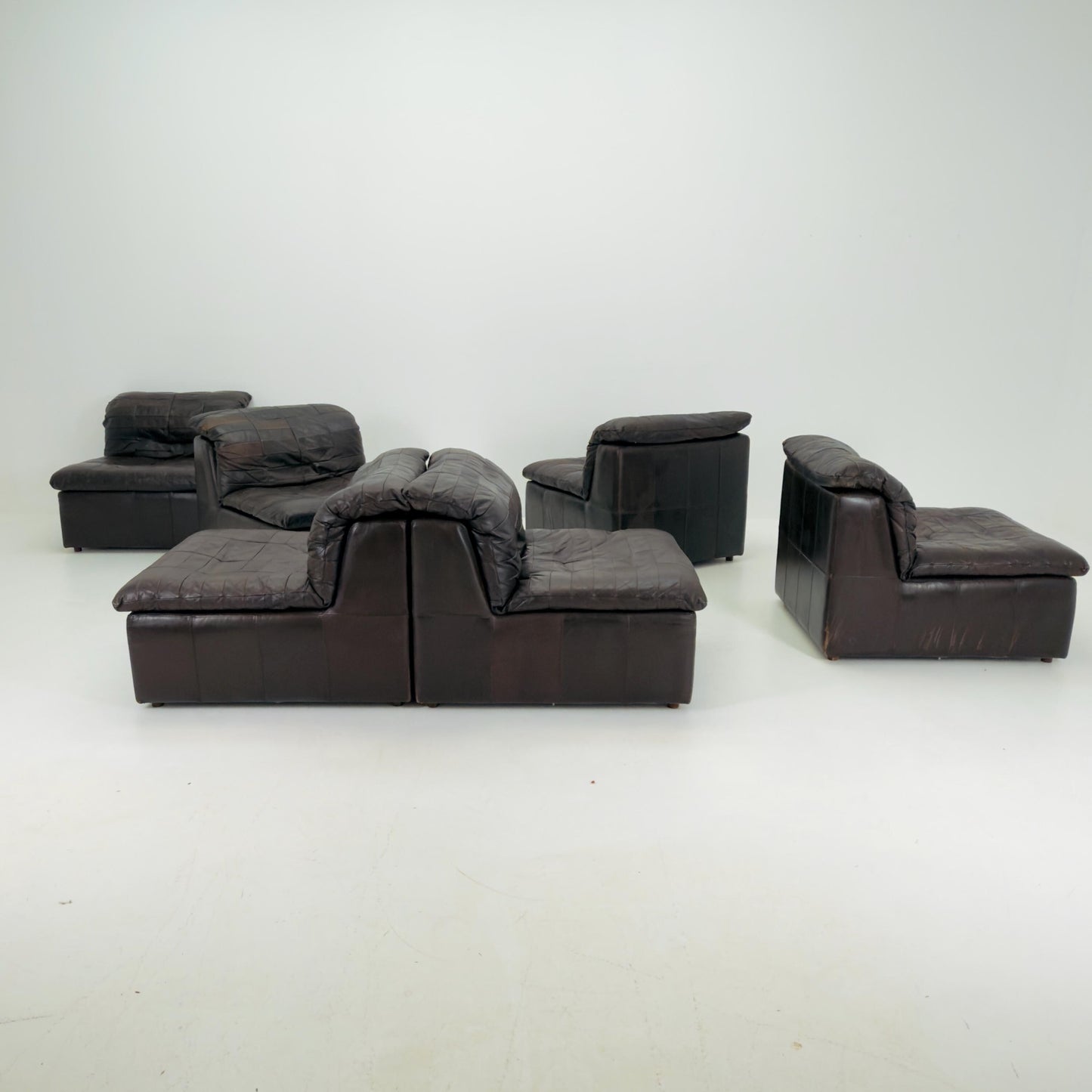 Set of 6 Mid Century DS11 Modular Patchwork chocolate brown Leather Sofa by De Sede, Switzerland, 1970s