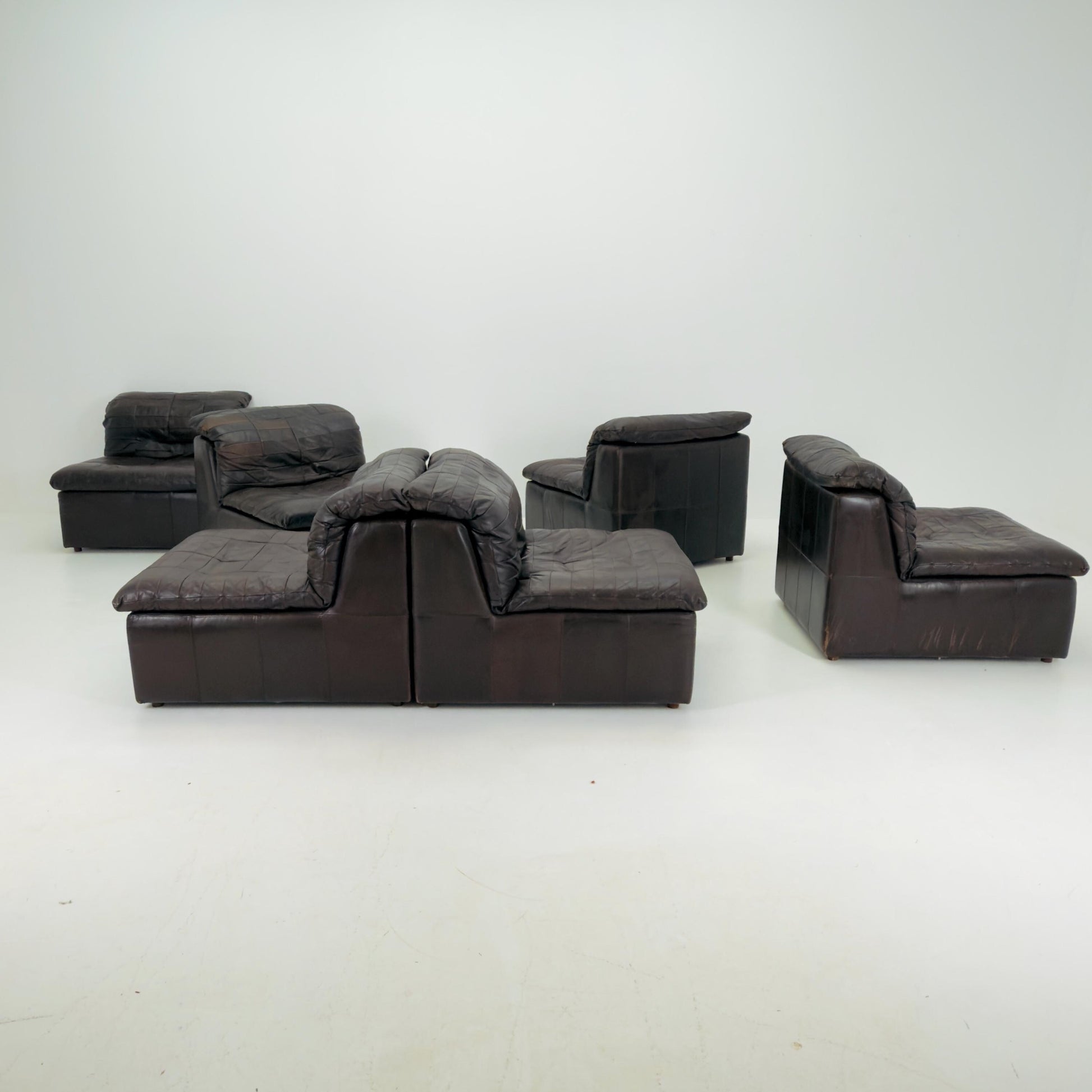 Set of 6 Mid Century DS11 Modular Patchwork chocolate brown Leather Sofa by De Sede, Switzerland, 1970s