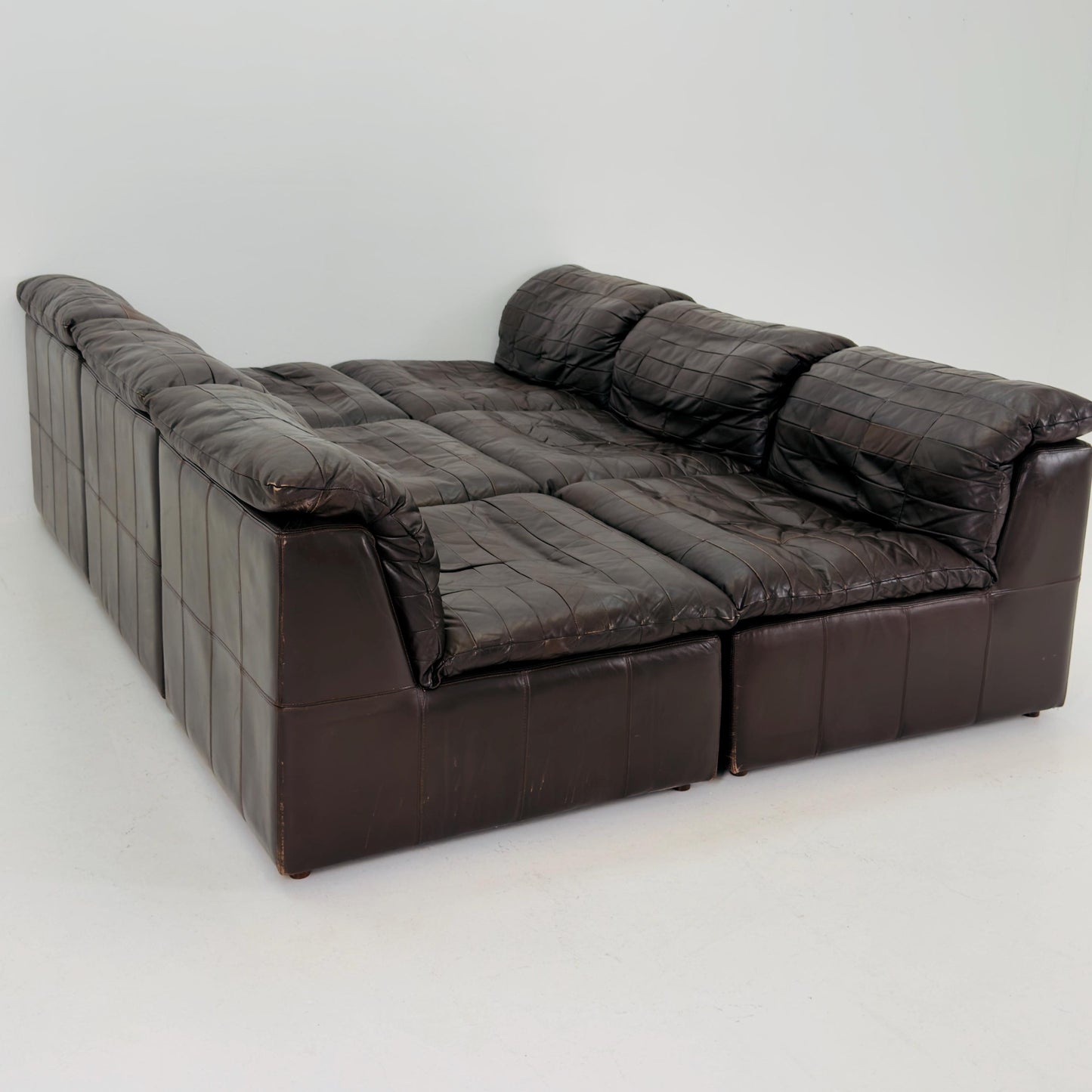Set of 6 Mid Century DS11 Modular Patchwork chocolate brown Leather Sofa by De Sede, Switzerland, 1970s