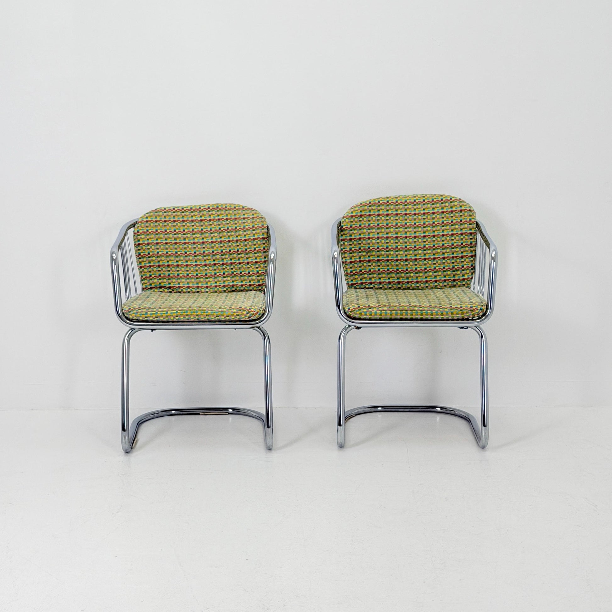 Set of 2 Mid-Century Dining Armchairs by Gastone Rinaldi – Chrome Frame, Green & Red Retro Upholstery, Italy 1970s