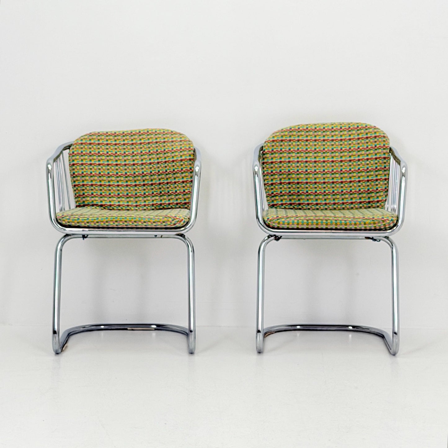 Set of 2 Mid-Century Dining Armchairs by Gastone Rinaldi – Chrome Frame, Green & Red Retro Upholstery, Italy 1970s