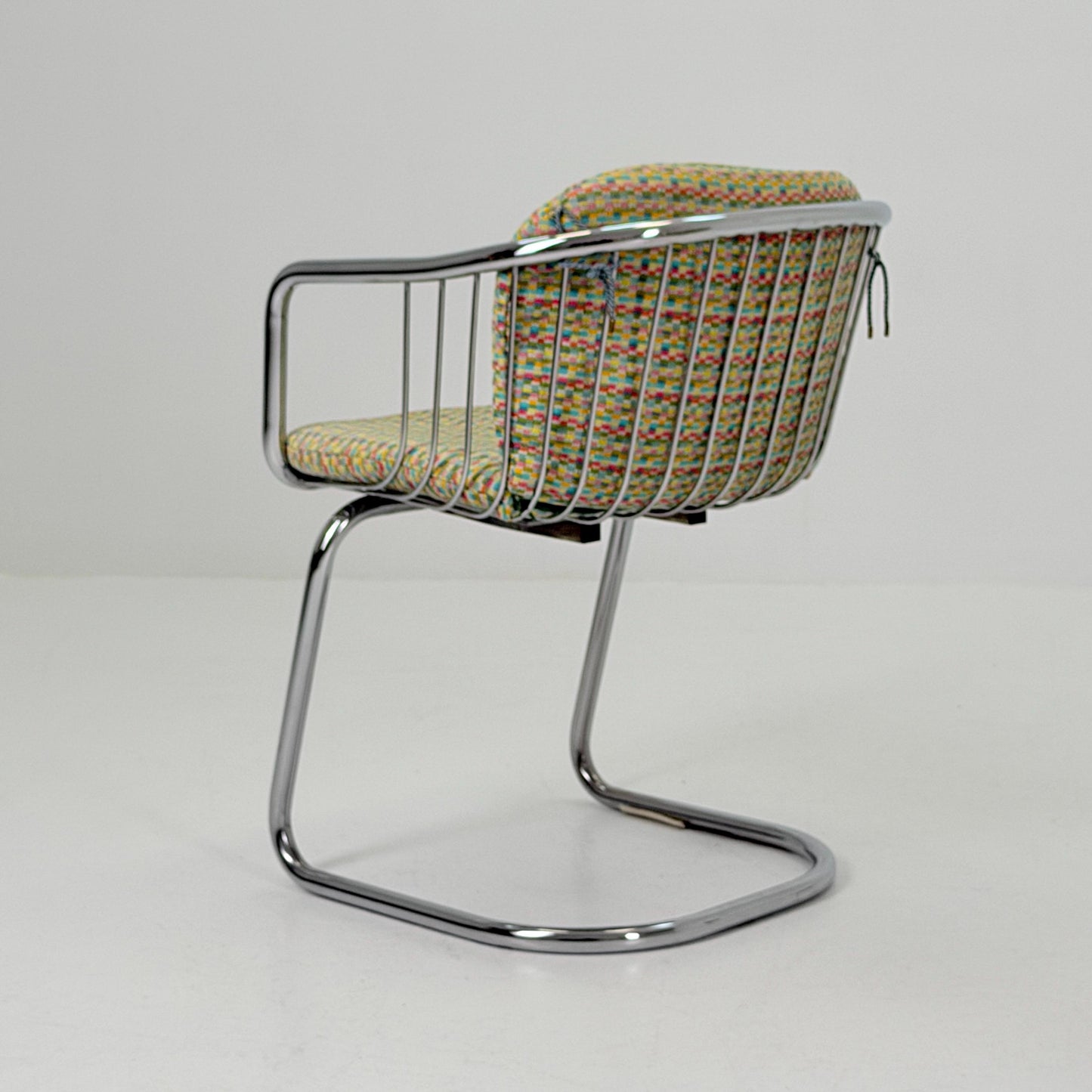 Set of 2 Mid-Century Dining Armchairs by Gastone Rinaldi – Chrome Frame, Green & Red Retro Upholstery, Italy 1970s