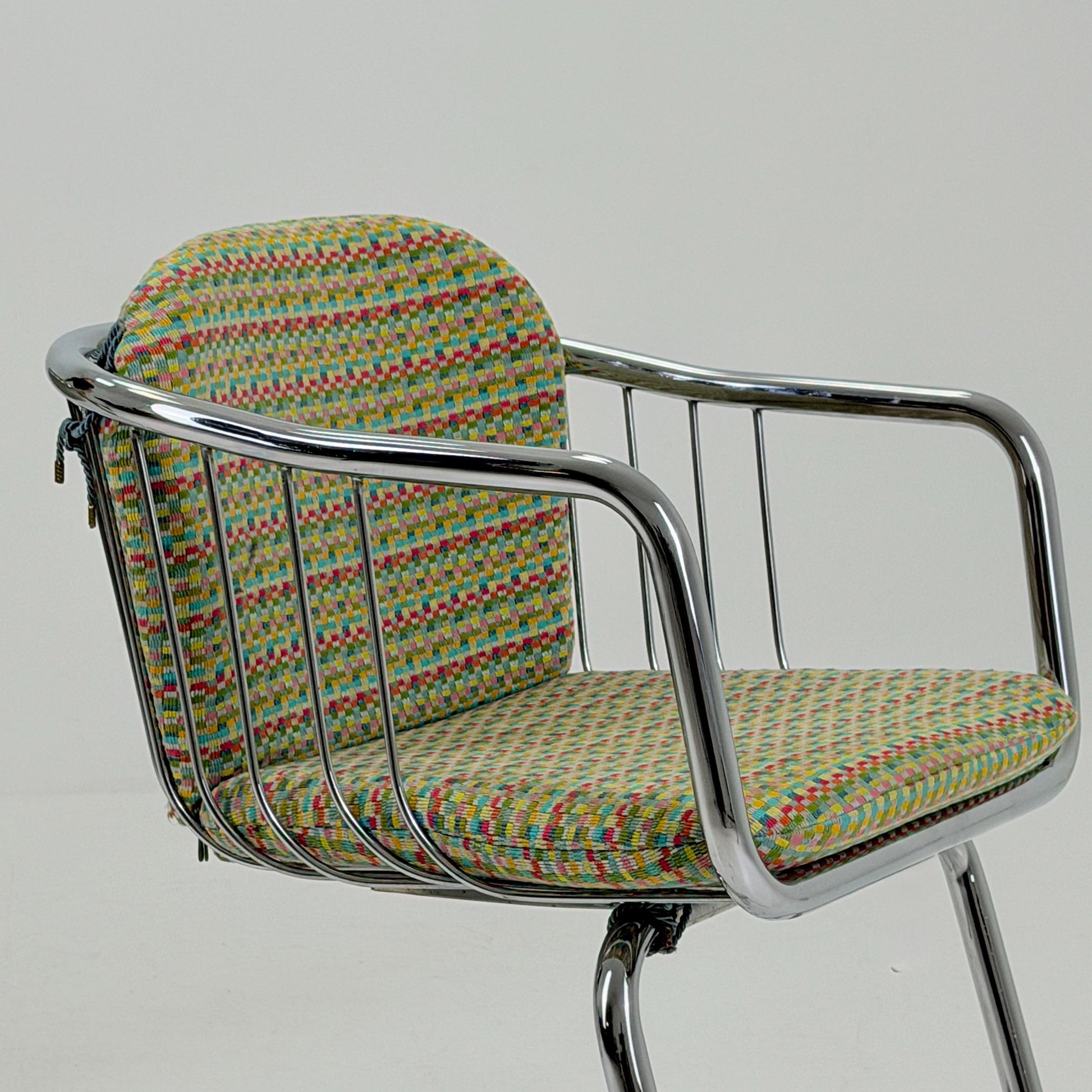Set of 2 Mid-Century Dining Armchairs by Gastone Rinaldi – Chrome Frame, Green & Red Retro Upholstery, Italy 1970s