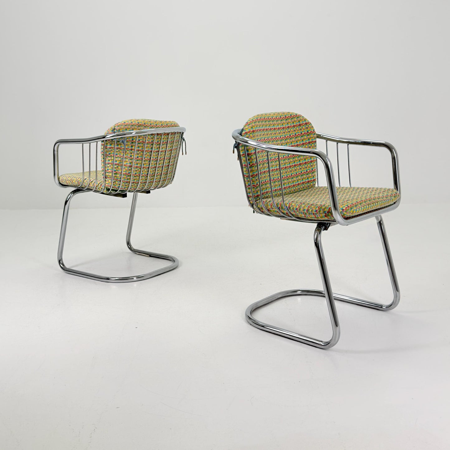 Set of 2 Mid-Century Dining Armchairs by Gastone Rinaldi – Chrome Frame, Green & Red Retro Upholstery, Italy 1970s
