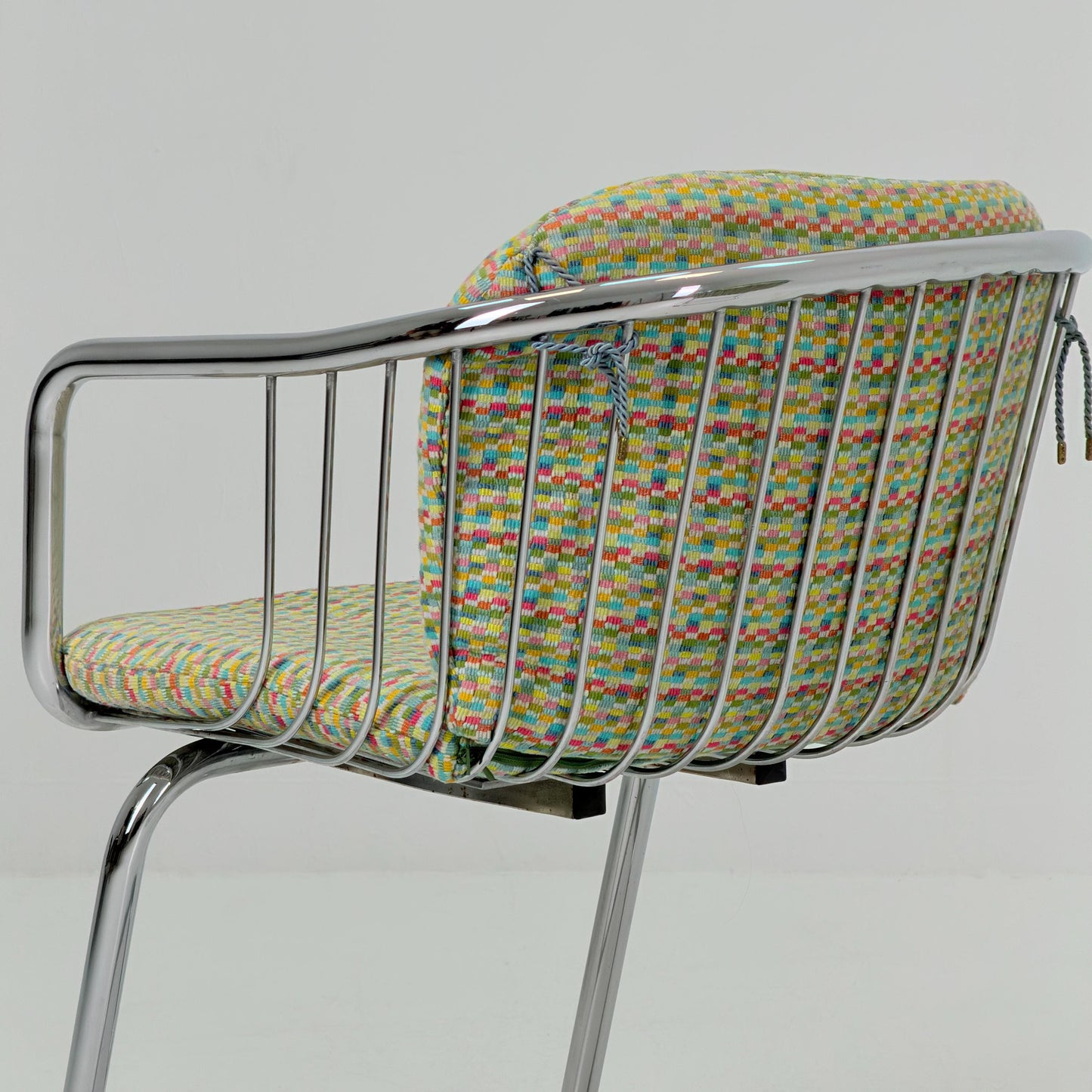 Set of 2 Mid-Century Dining Armchairs by Gastone Rinaldi – Chrome Frame, Green & Red Retro Upholstery, Italy 1970s