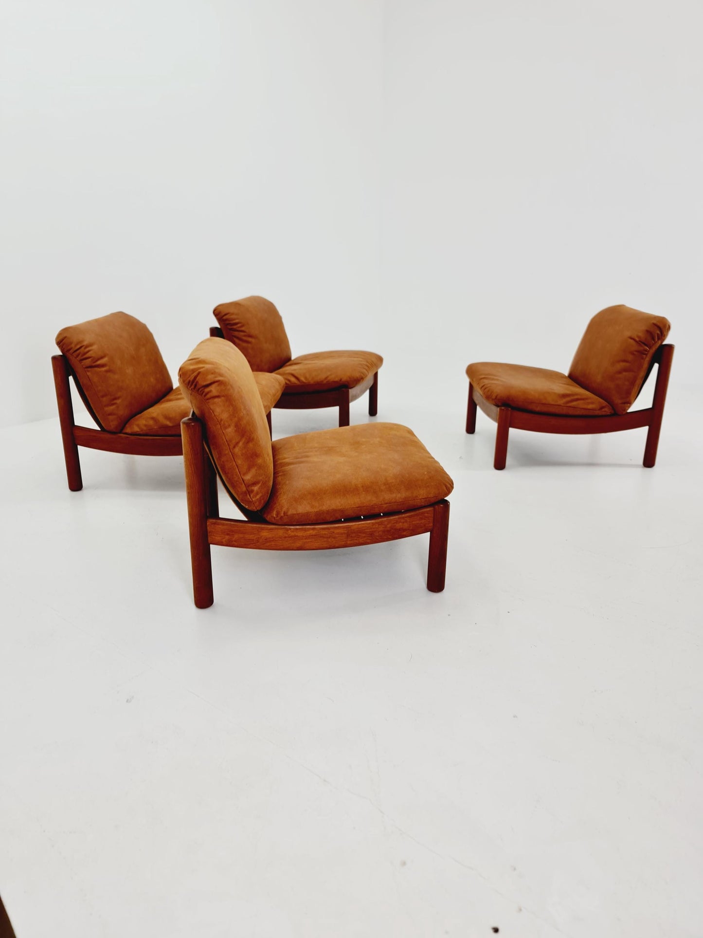mid century lounge chairs in leather and wood By Carl Straub Germany , 1960s Set of 4