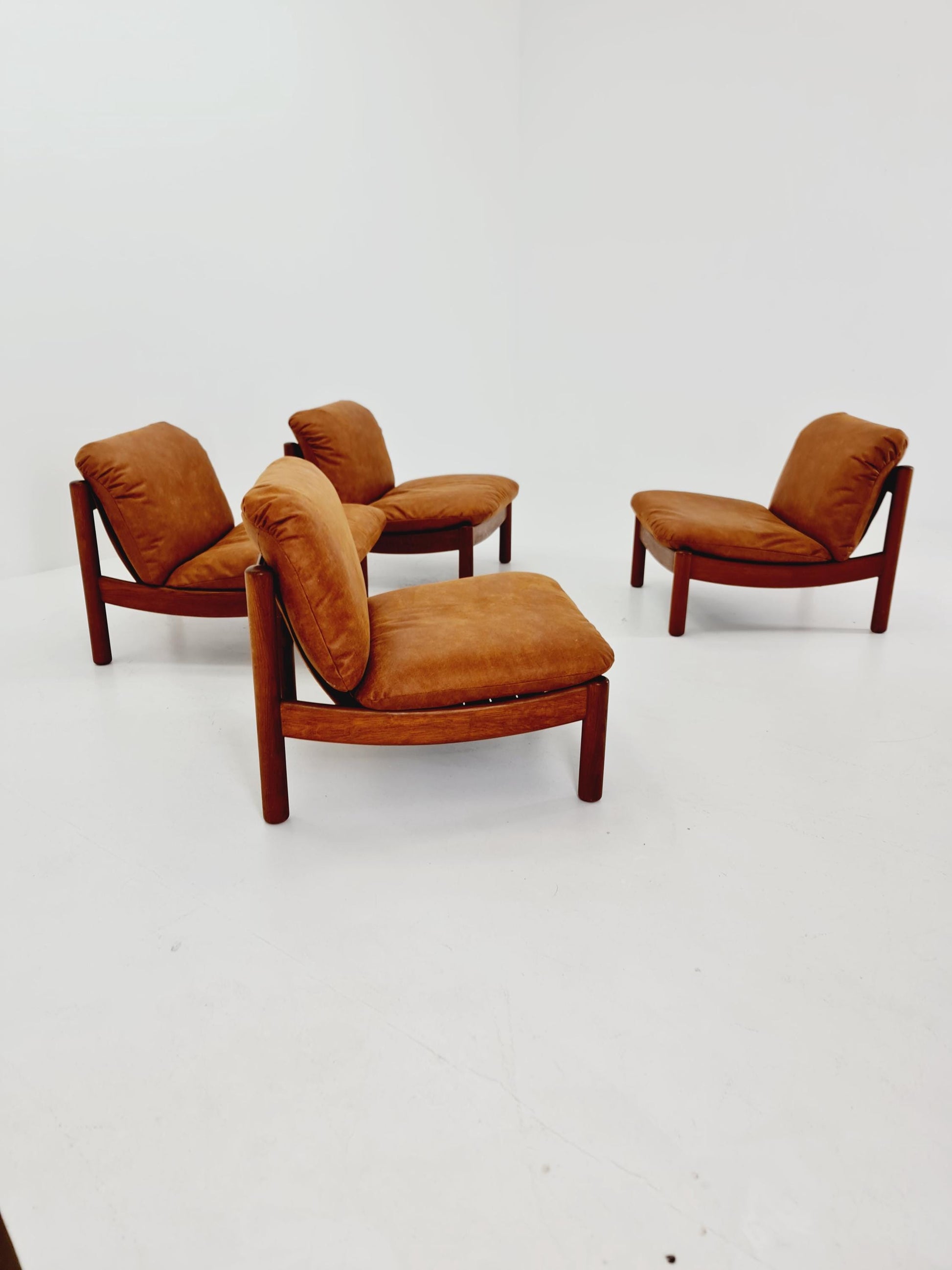 mid century lounge chairs in leather and wood By Carl Straub Germany , 1960s Set of 4