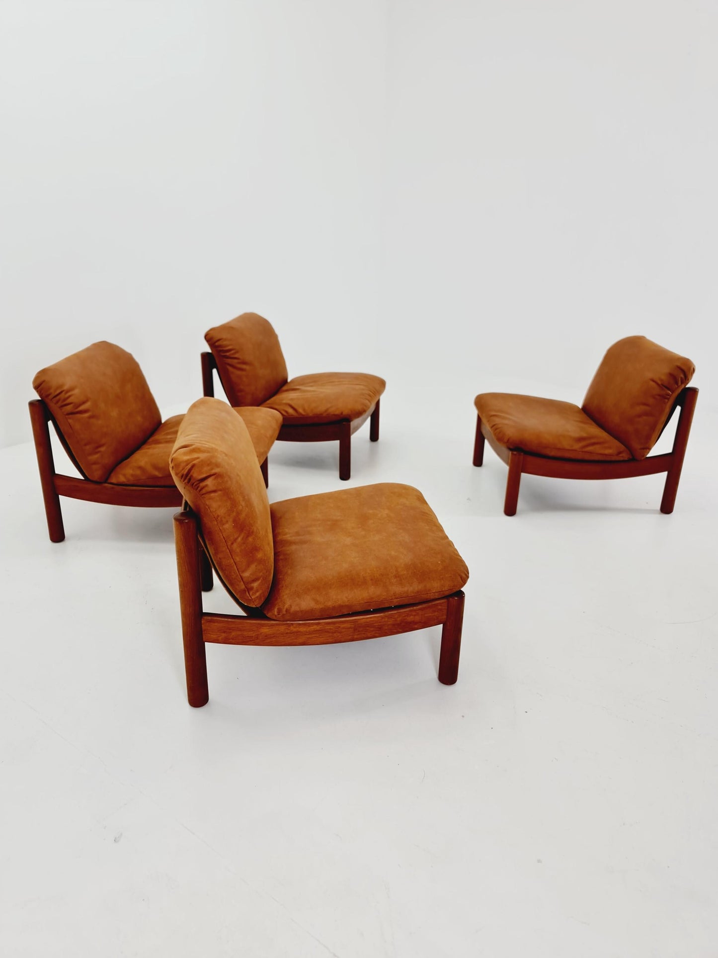 mid century lounge chairs in leather and wood By Carl Straub Germany , 1960s Set of 4