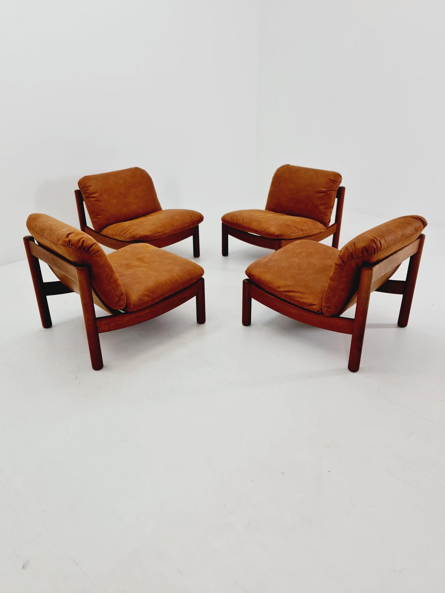 mid century lounge chairs in leather and wood By Carl Straub Germany , 1960s Set of 4