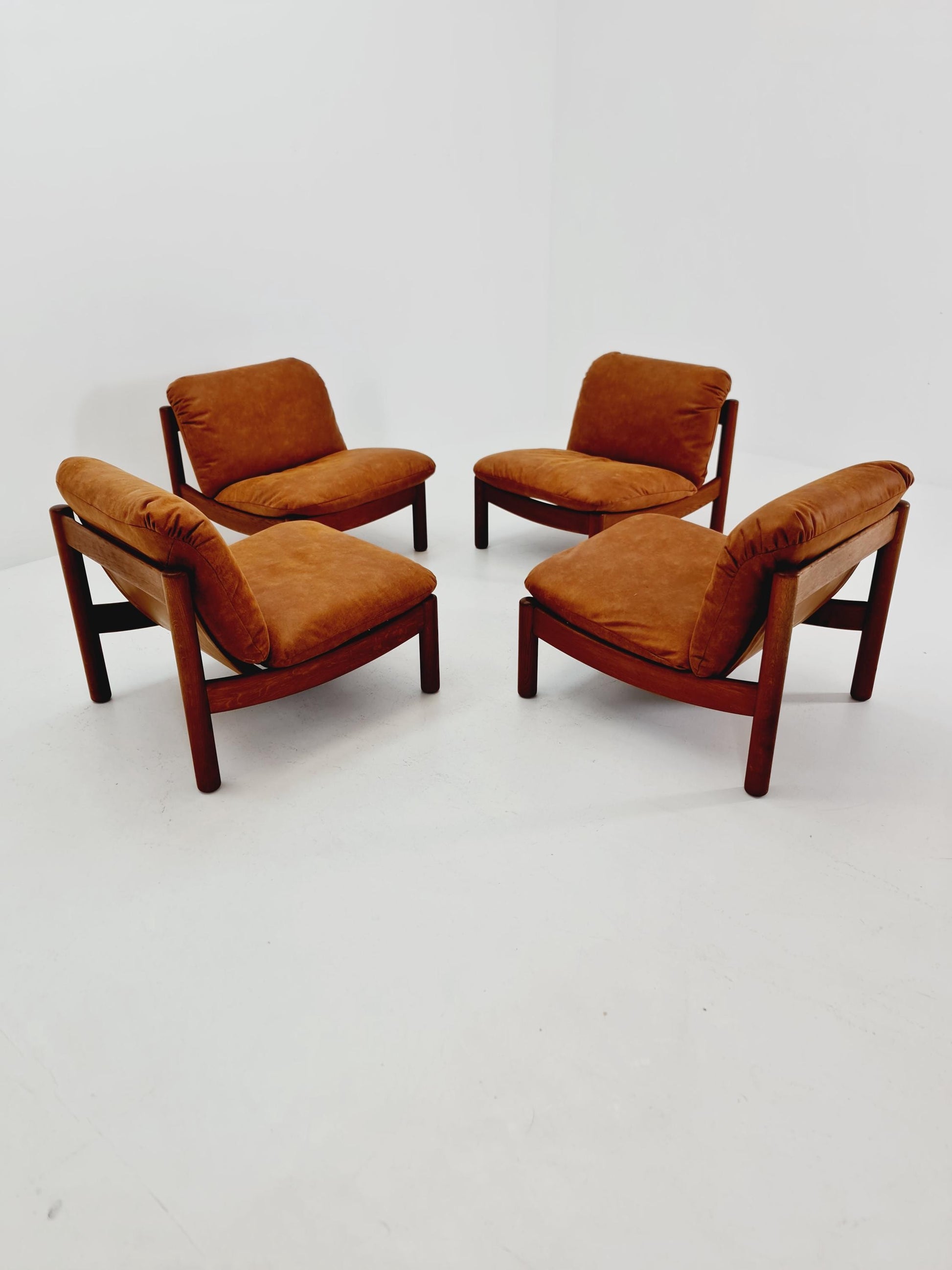 mid century lounge chairs in leather and wood By Carl Straub Germany , 1960s Set of 4
