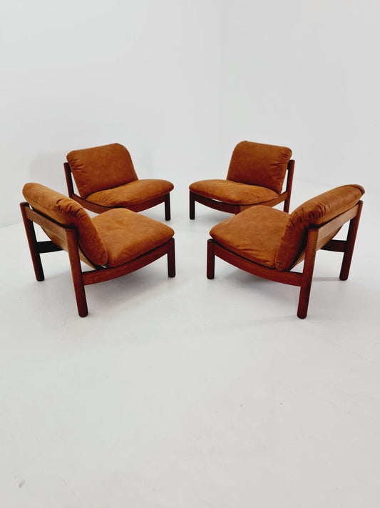 mid century lounge chairs in leather and wood By Carl Straub Germany , 1960s Set of 4