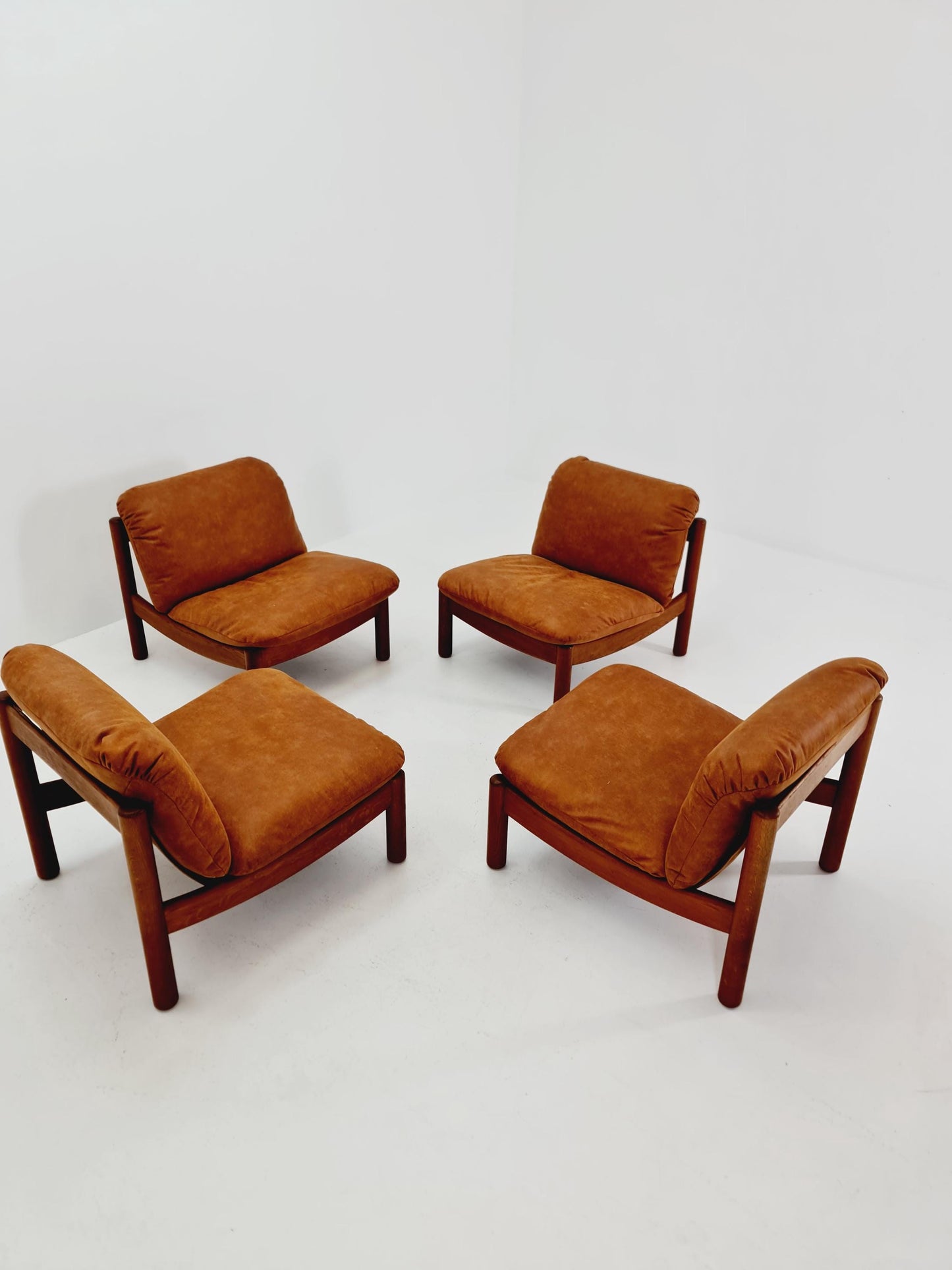 mid century lounge chairs in leather and wood By Carl Straub Germany , 1960s Set of 4