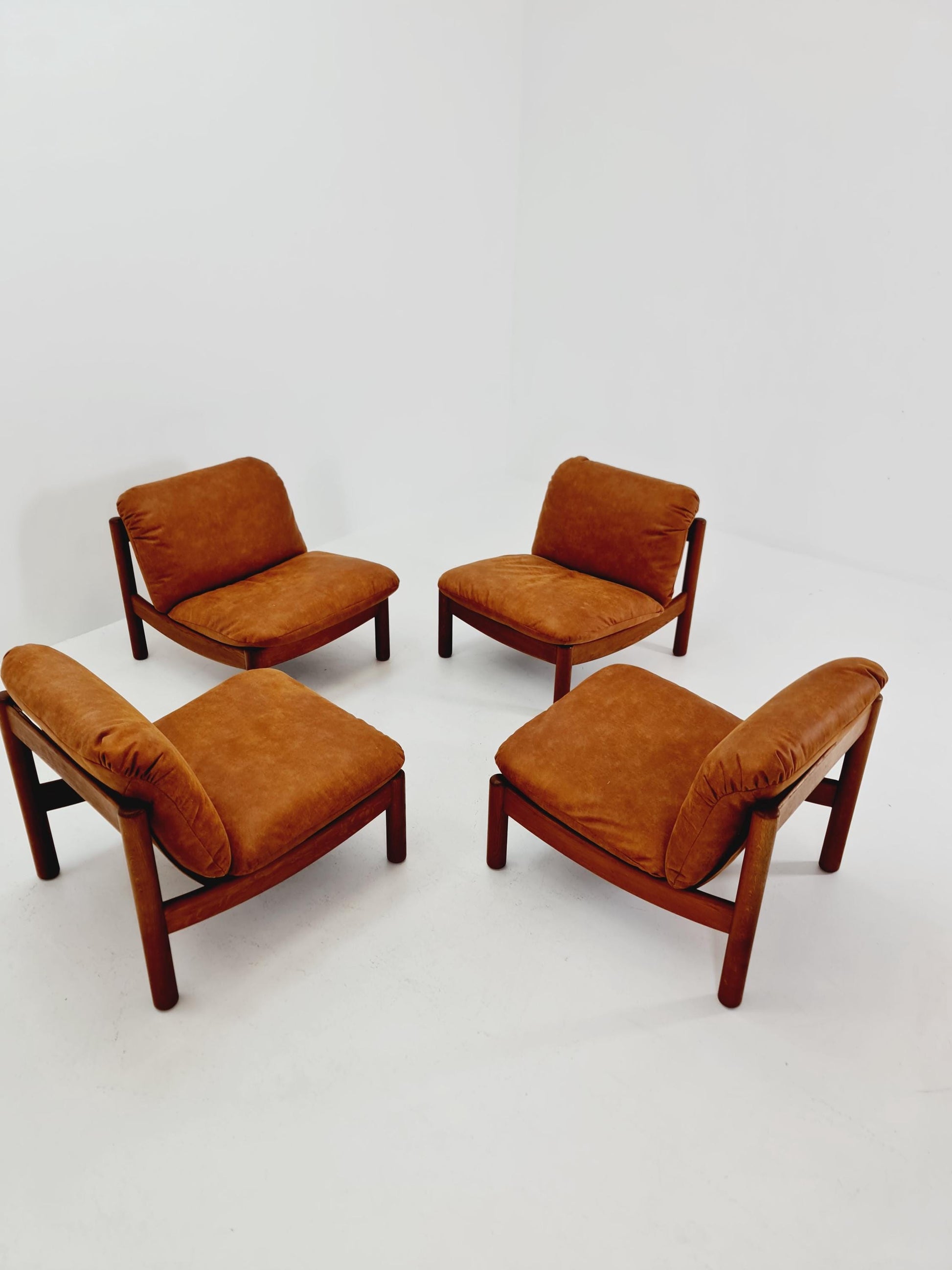 mid century lounge chairs in leather and wood By Carl Straub Germany , 1960s Set of 4