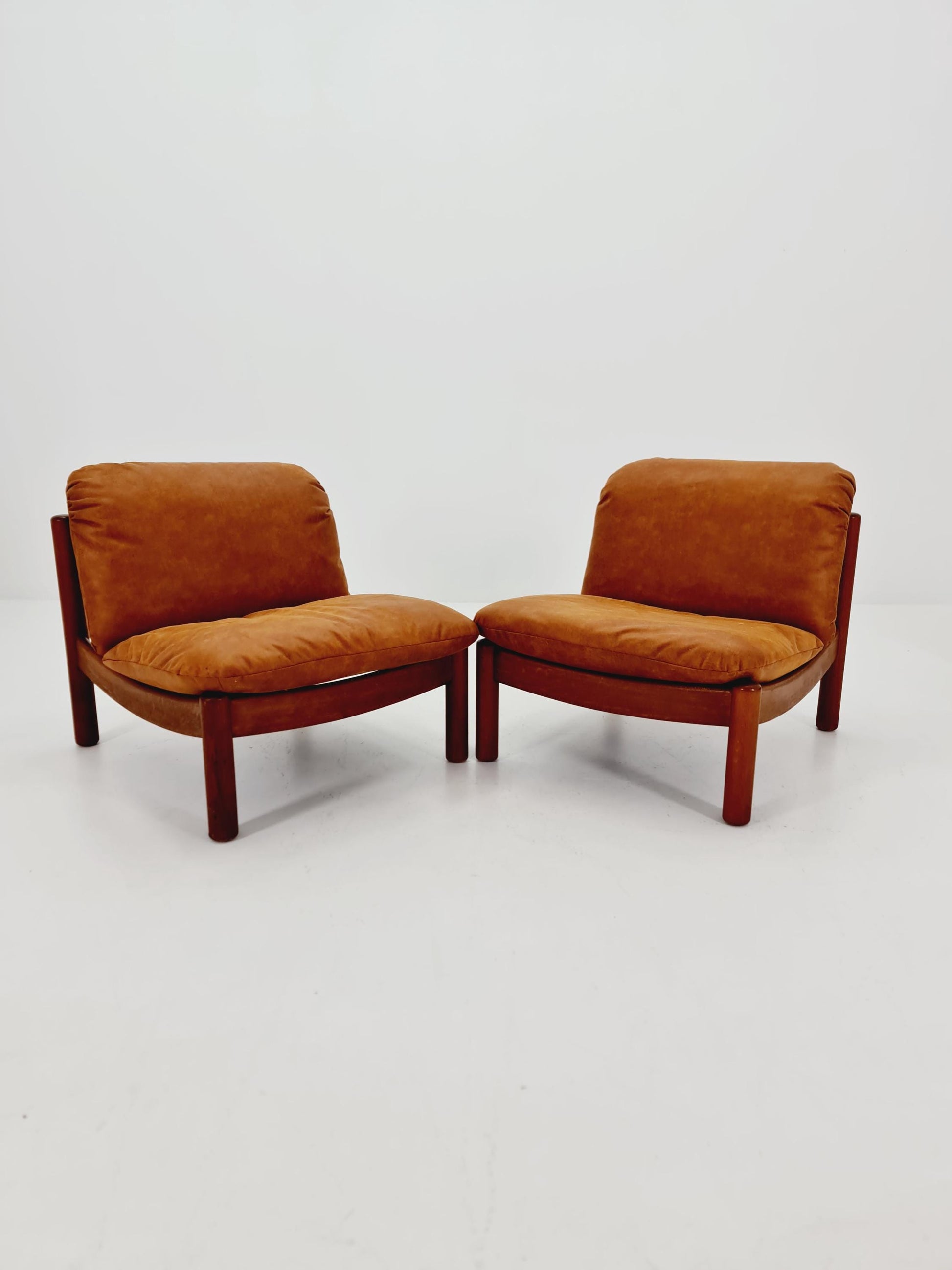 mid century loungechairs in leather and wood By Carl Straub Germany , 1960s Set of 2