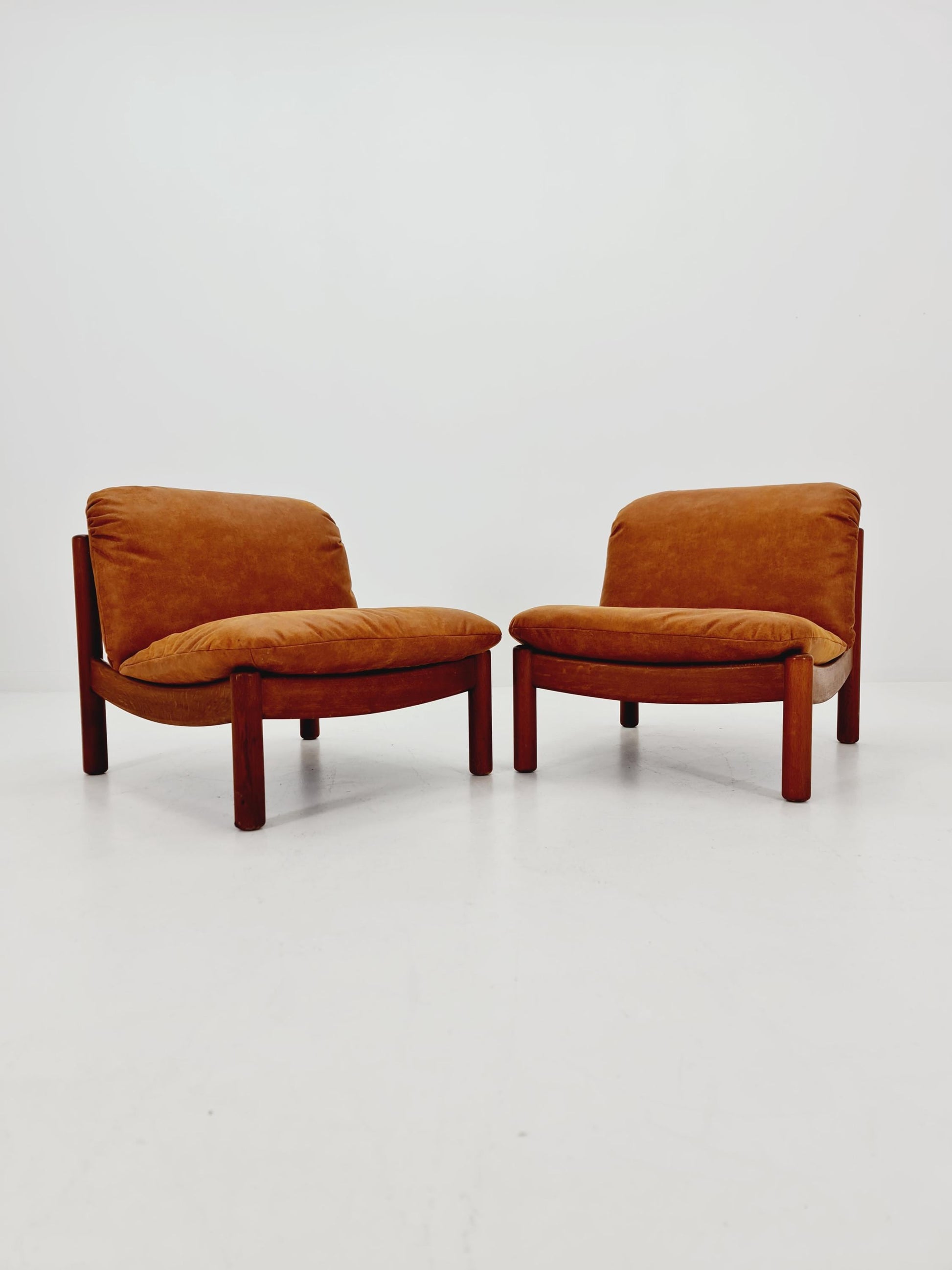 mid century loungechairs in leather and wood By Carl Straub Germany , 1960s Set of 2
