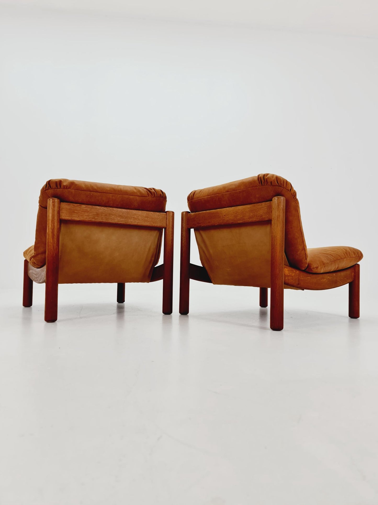 mid century loungechairs in leather and wood By Carl Straub Germany , 1960s Set of 2