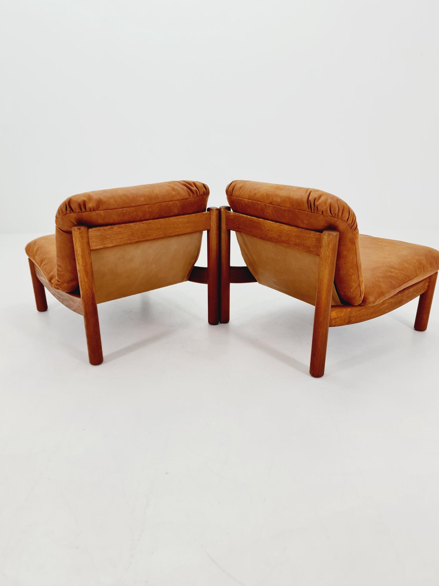 mid century loungechairs in leather and wood By Carl Straub Germany , 1960s Set of 2
