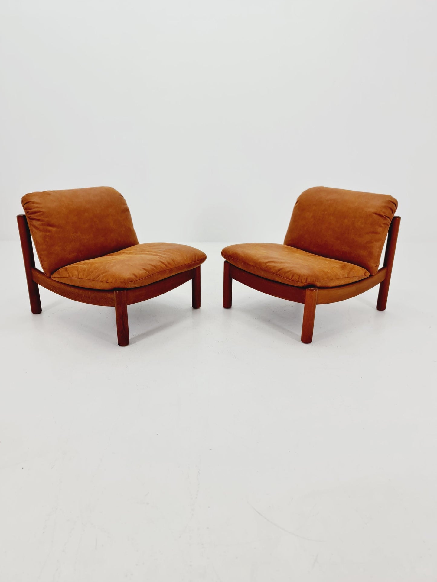 mid century loungechairs in leather and wood By Carl Straub Germany , 1960s Set of 2