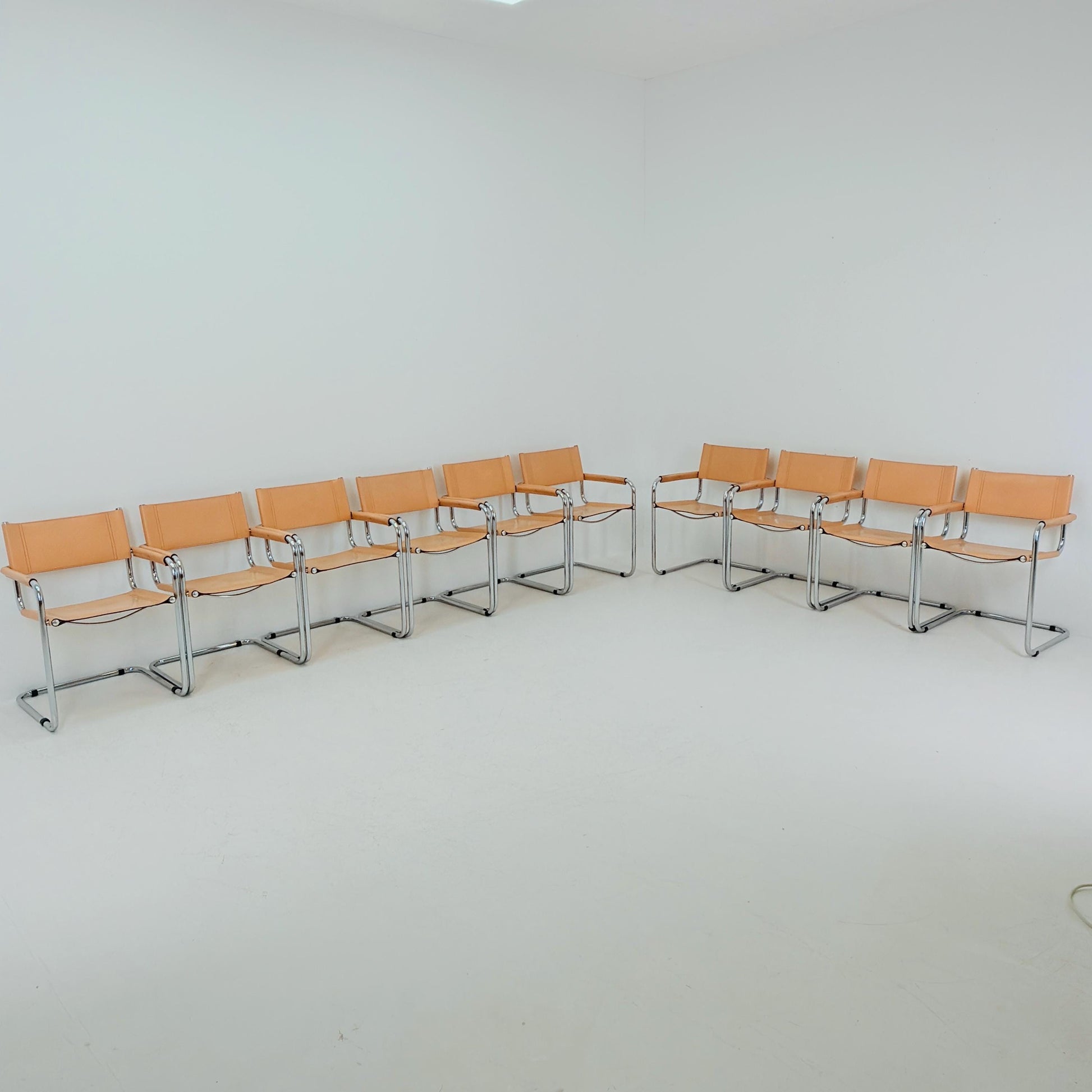 Set of 10 Mid century Bauhaus B34 Tan leather cantilever armchair by Mart Stam italy 1980s
