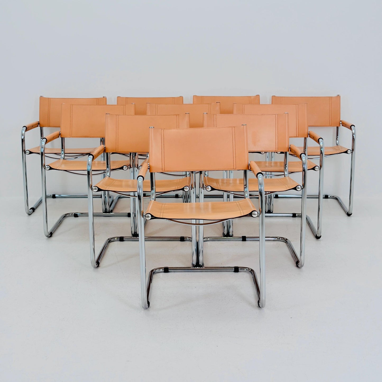 Set of 10 Mid century Bauhaus B34 Tan leather cantilever armchair by Mart Stam italy 1980s